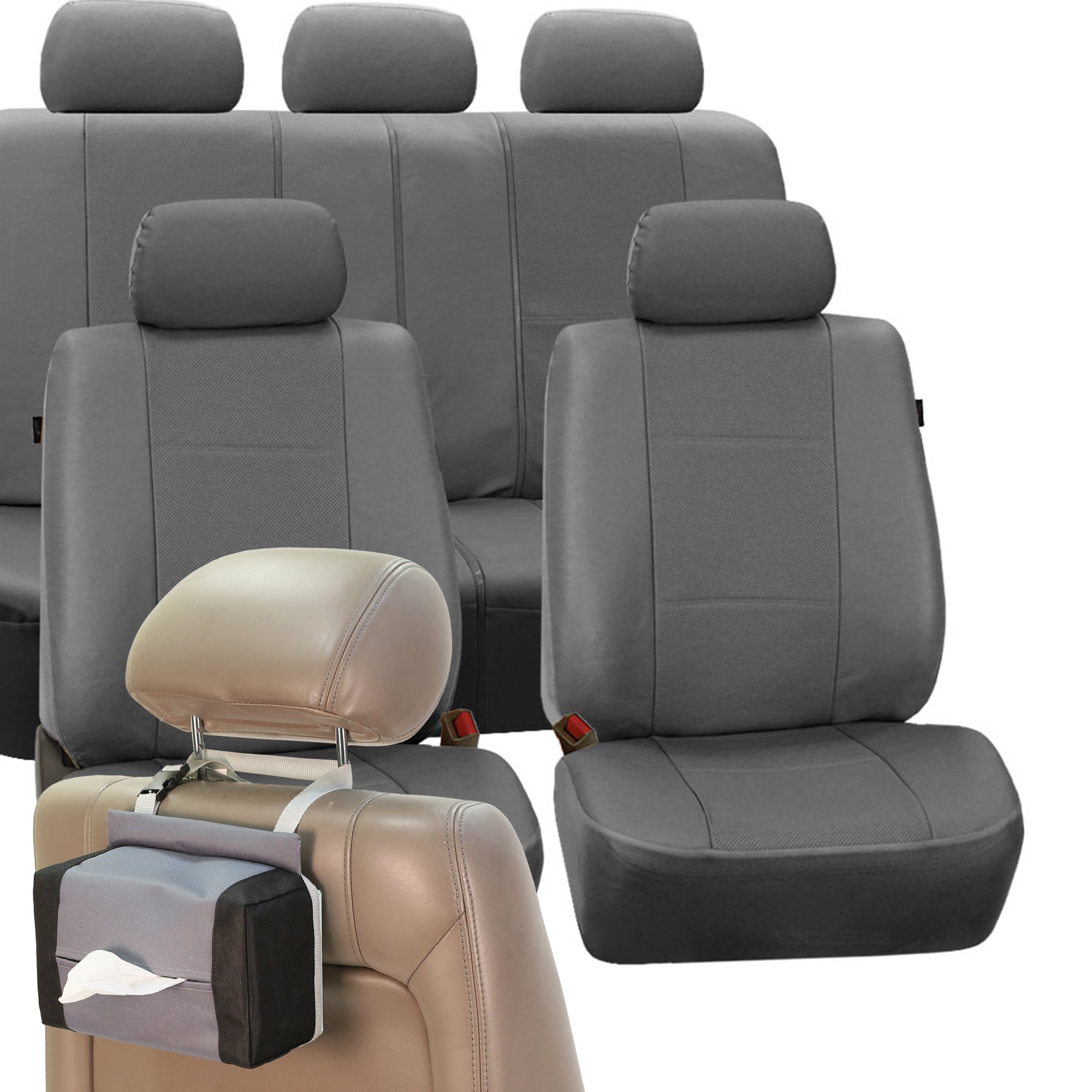 FH Group Car Seat Covers Deluxe Leatherette Full Set Gray, Airbag Compatible Split Bench Tan Automotive Seat Cover Combo Tissue Dispenser Case