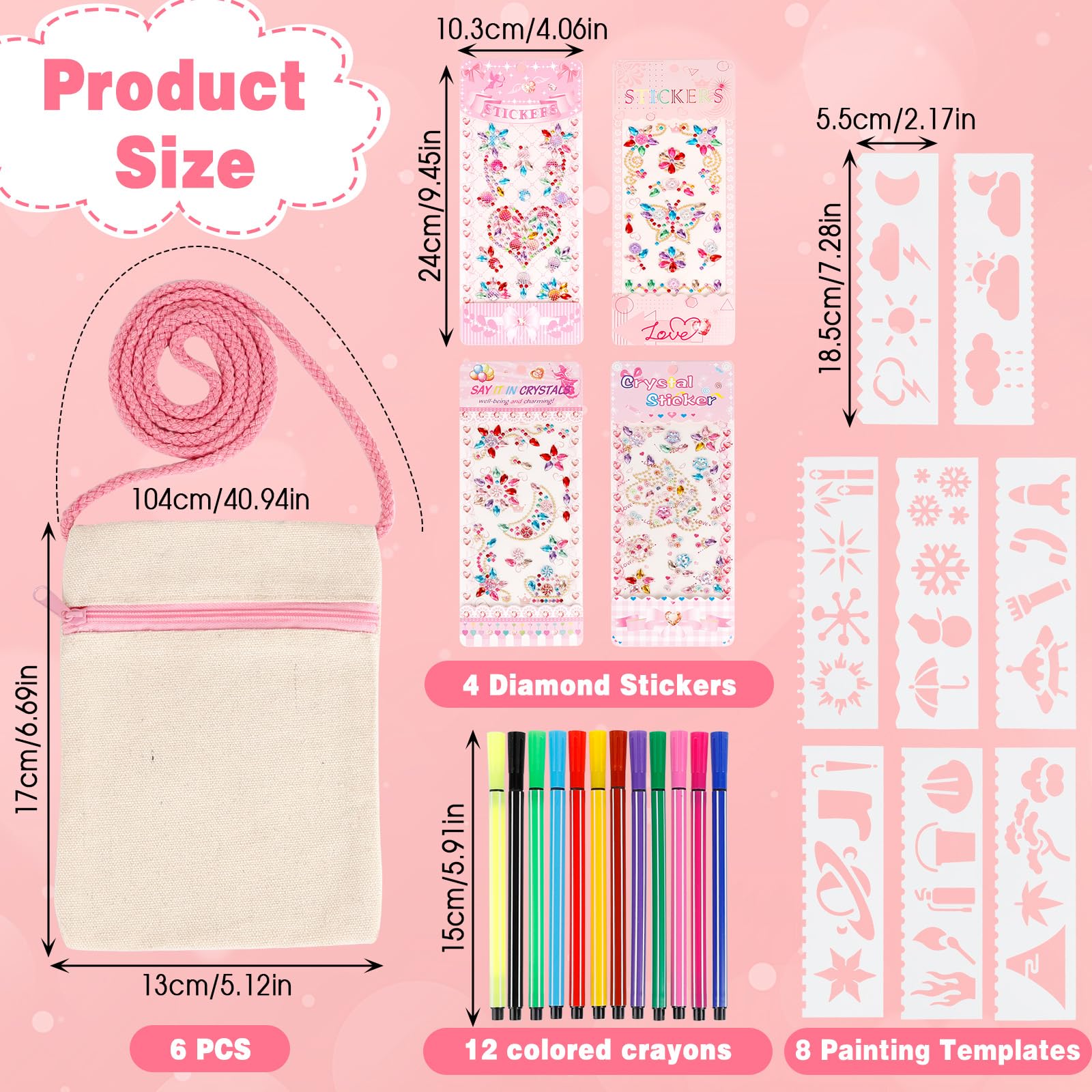 Stoffbeutel zum Bemalen für Kinder,Rosa Umhängegeldbeutel Kinder,Brustbeutel zum Bemalen mit 4 Aufkleber 8 DIY Malschablonen und 12 Buntstift,Kleine Schultertaschen für Schule,Party,Geschenk