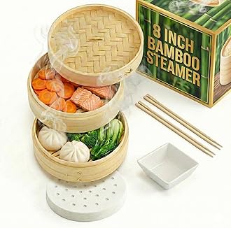 Prime Home Direct Bamboo Steamer Basket 8-Inch | 2-Tier Steamer for Cooking | 50 Liners | Small Instant Steaming Cookware Asian Food, Bao Buns, Chinese, Dim Sum, Dumpling, Rice, Vegetable Steam Pot