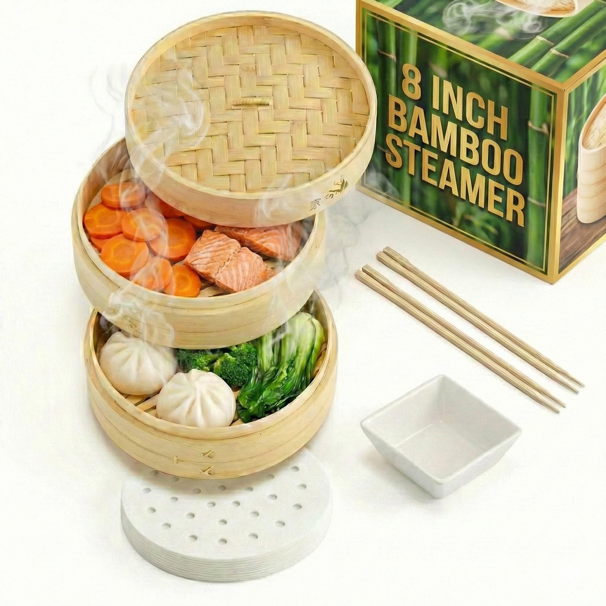 Prime Home Direct Bamboo Steamer Basket 8-Inch | 2-Tier Steamer for Cooking | 50 Liners | Small Instant Steaming Cookware Asian Food, Bao Buns, Chinese, Dim Sum, Dumpling, Rice, Vegetable Steam Pot