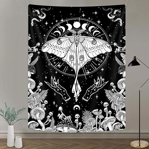 Miniatura 1 de Tapiz vertical de polilla en blanco y negro para dormitorio, tapiz estético bohemio con hongos y mariposas, tapiz de tarot de fase lunar de bruja,