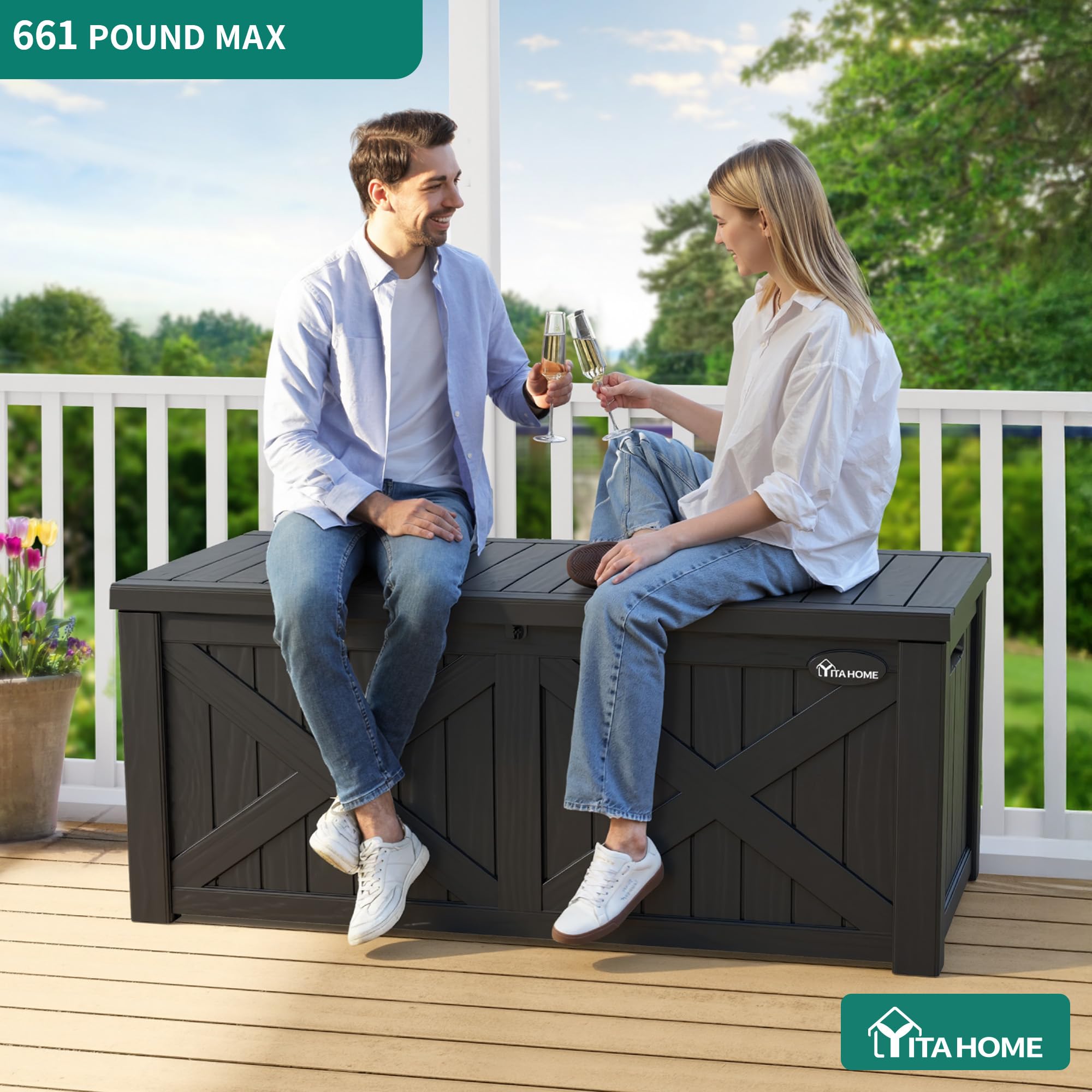 YITAHOME Große Aufbewahrungsbank 450 Liter mit X-Front, Wetterfeste Outdoor-Sitzbank, Resin Gartenbox für Terrassenkissen, Poolzubehör, Gartengeräte - Abschließbar,Schwarz