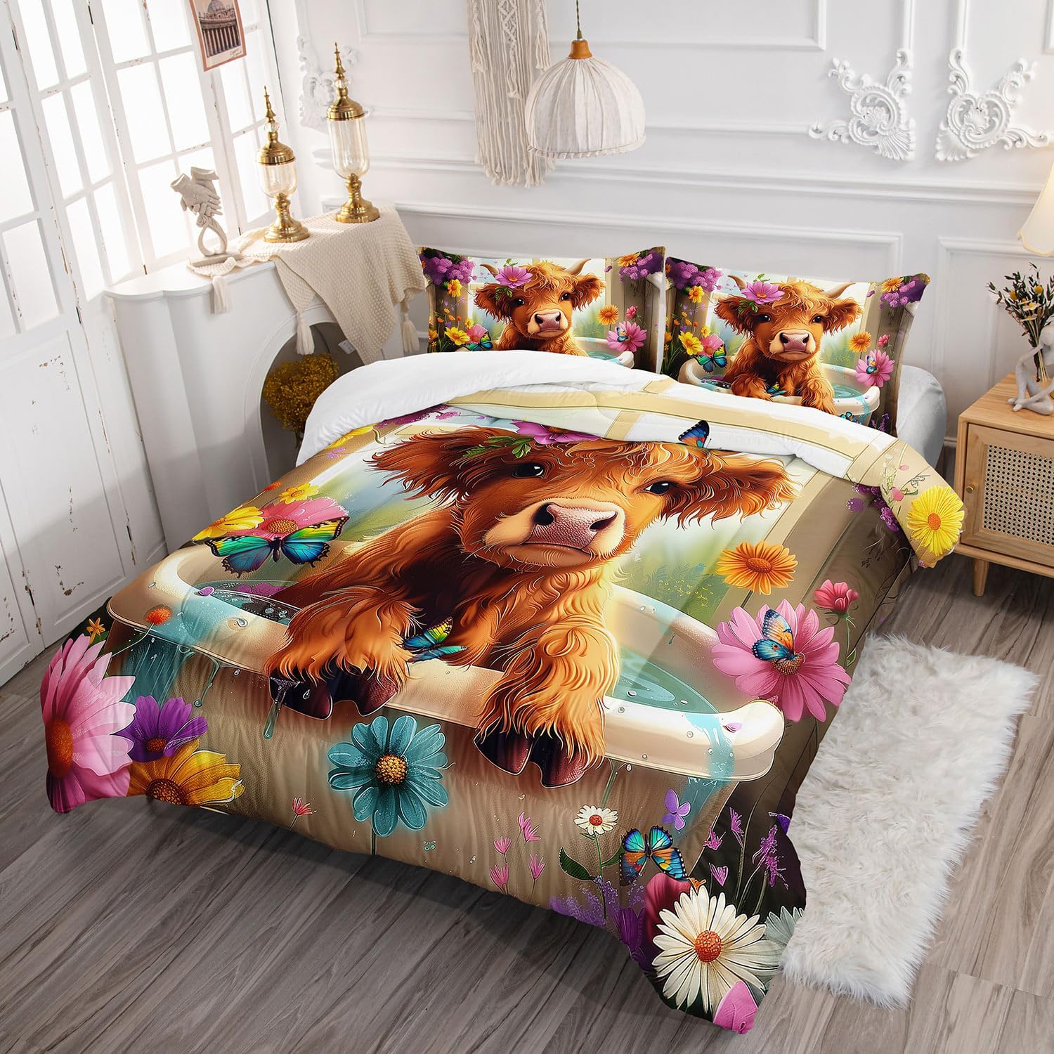 Kawaii Wildlife Farmhouse Cow Comforter 3Pcs Twin Western Funny Animal Highland Cow Bedding Set for Kid Teen Girl Boy Butterfly Flower Cattle Quilt Bed Decor with 1 Comforter and 2 Pillowcases