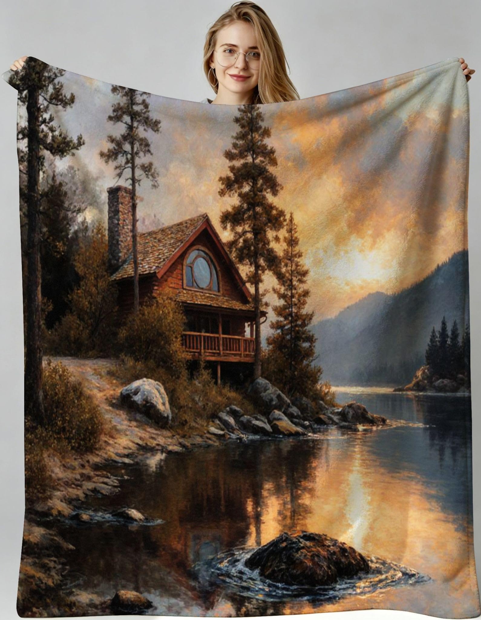Plaid polaire 240x260 maison en bois forêt 3D jeté de lit grande taille pour hiver douillet