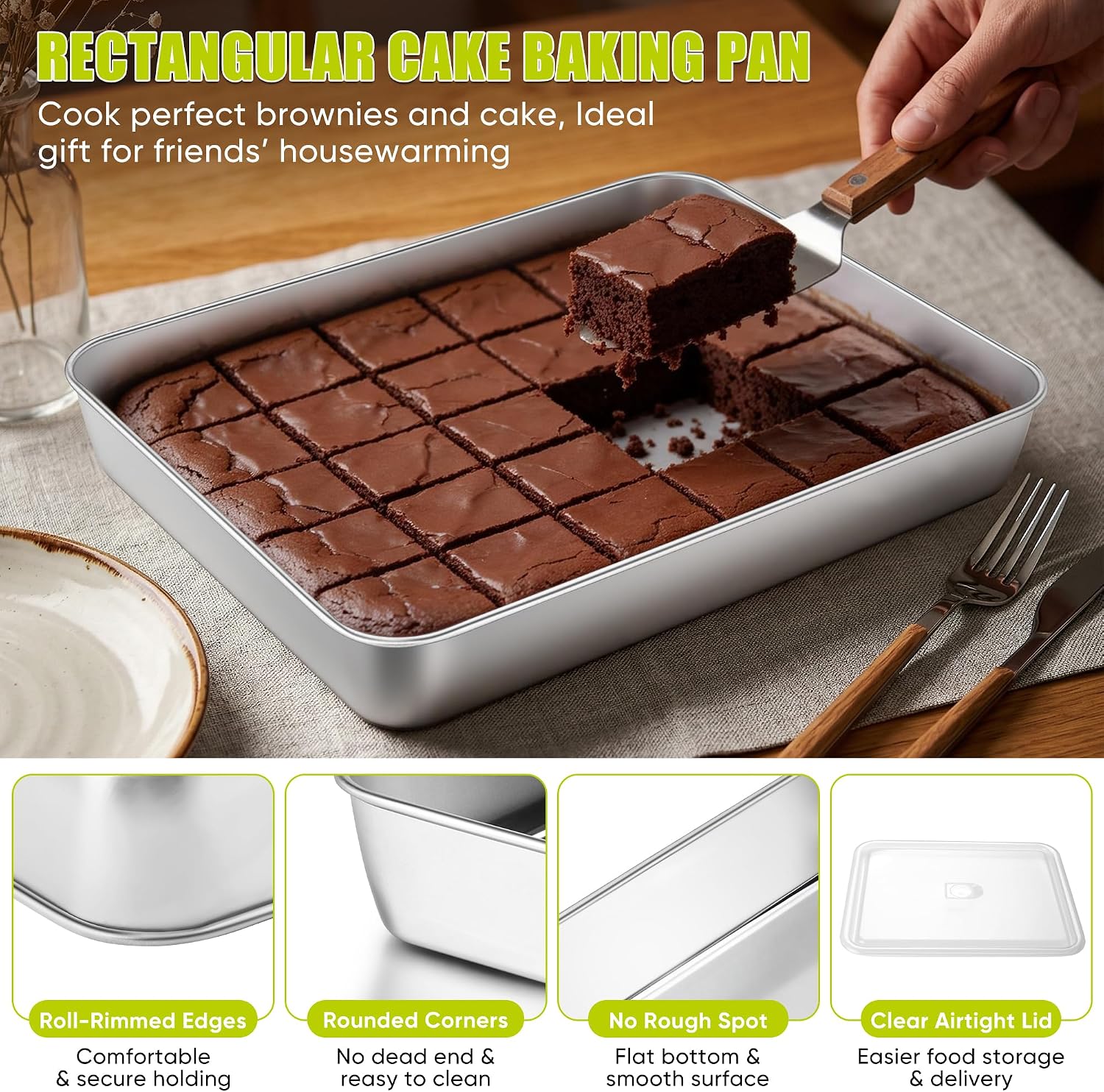 E-far Lasagna Pan with Lid, Stainless Steel Cake Baking Sheet Pan, 12⅓x9¾x2