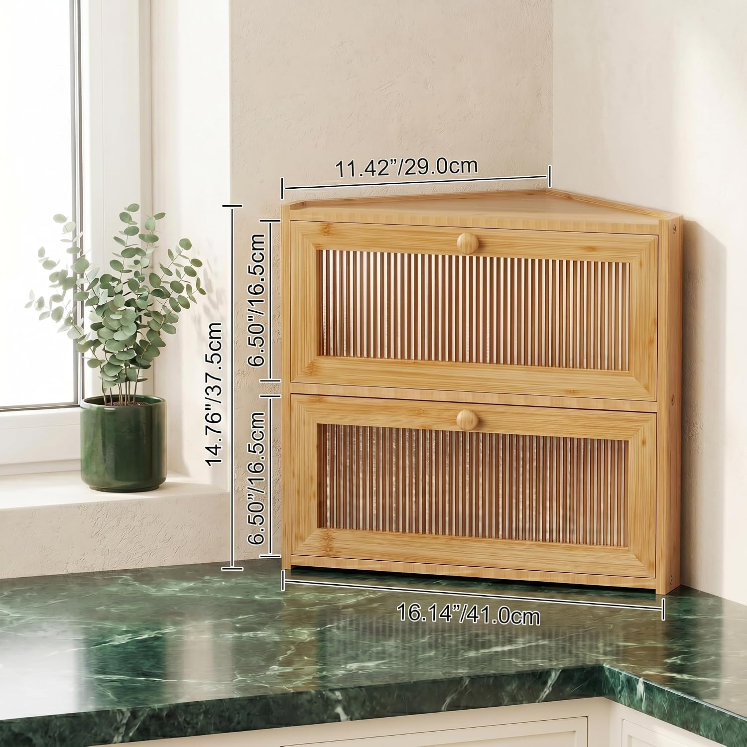 2-Tier Corner Bread Box for Kitchen Countertop,Large Bamboo Bread Storage Box for Homemade Bread,Sourdough,Bagels,Rolls & Pastries,White image 2