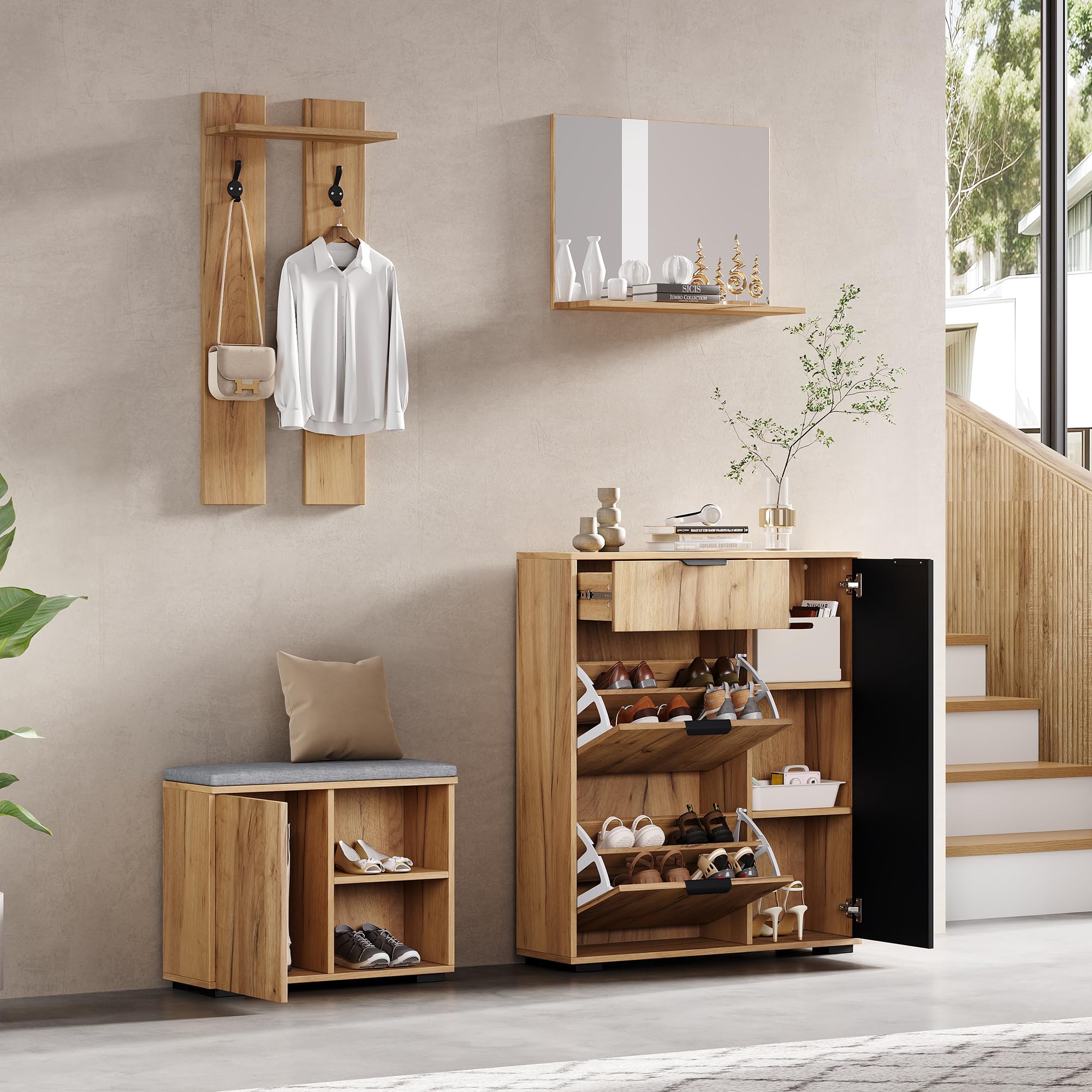 LAKFEW Conjunto de Perchero de Pared con Espejo y Zapatero, Perchero Entrada Recibidor con Banco Almacenaje y 2 Ganchos, Juego de Mueble Recibidor Entrada con Cajón, 140x35x139 cm, Natural+Negro