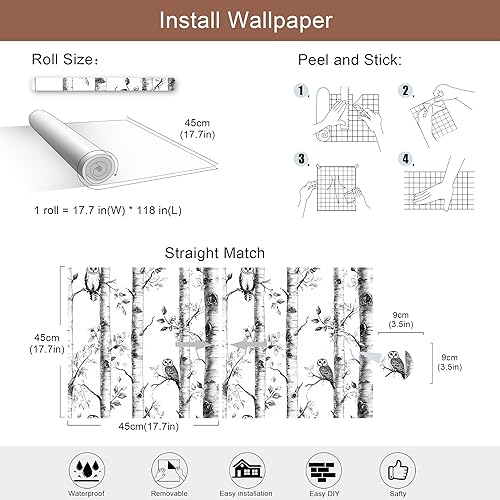 Miniatura 7 de Papel tapiz de abedul para despegar y pegar, papel tapiz de búho, vinilo autoadhesivo en blanco y negro, para decoración del hogar, 17.7 x 118