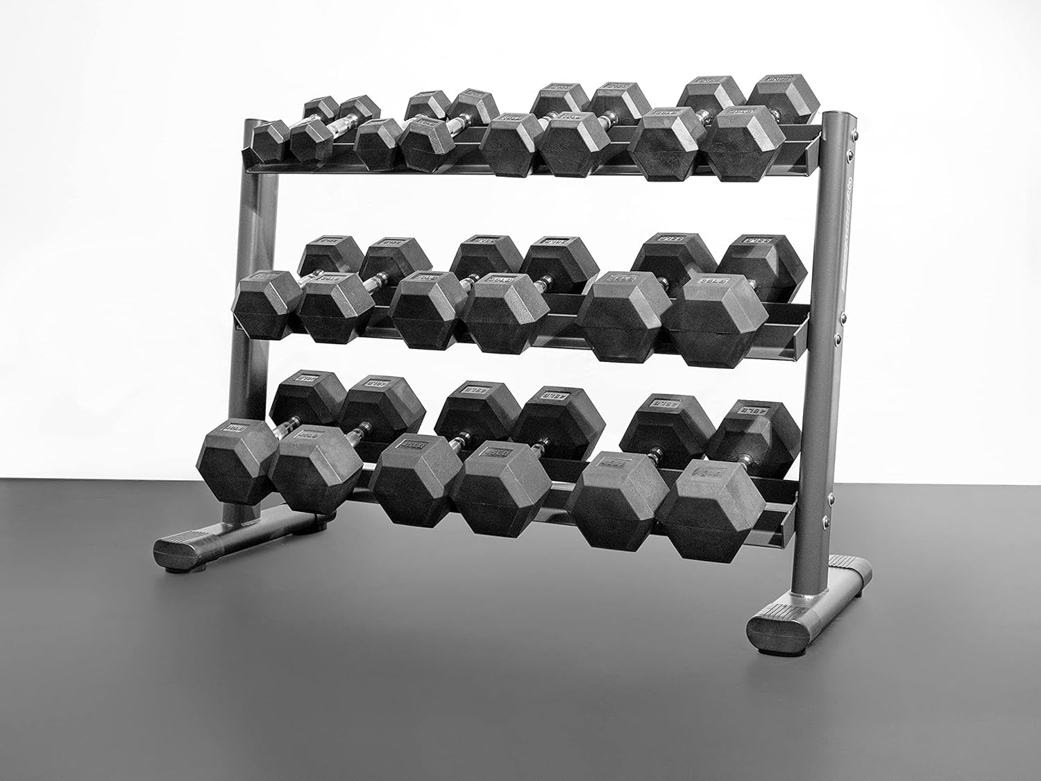 BodyKore Rubber Hex Dumbbell Set With w/ 3 Tier Commercial Rack, Home Workout Gym Tools, Heavy Weight Stainless Steel Exercise Tools Storage Stand For Home Gym (accommodate 5-50lbs)