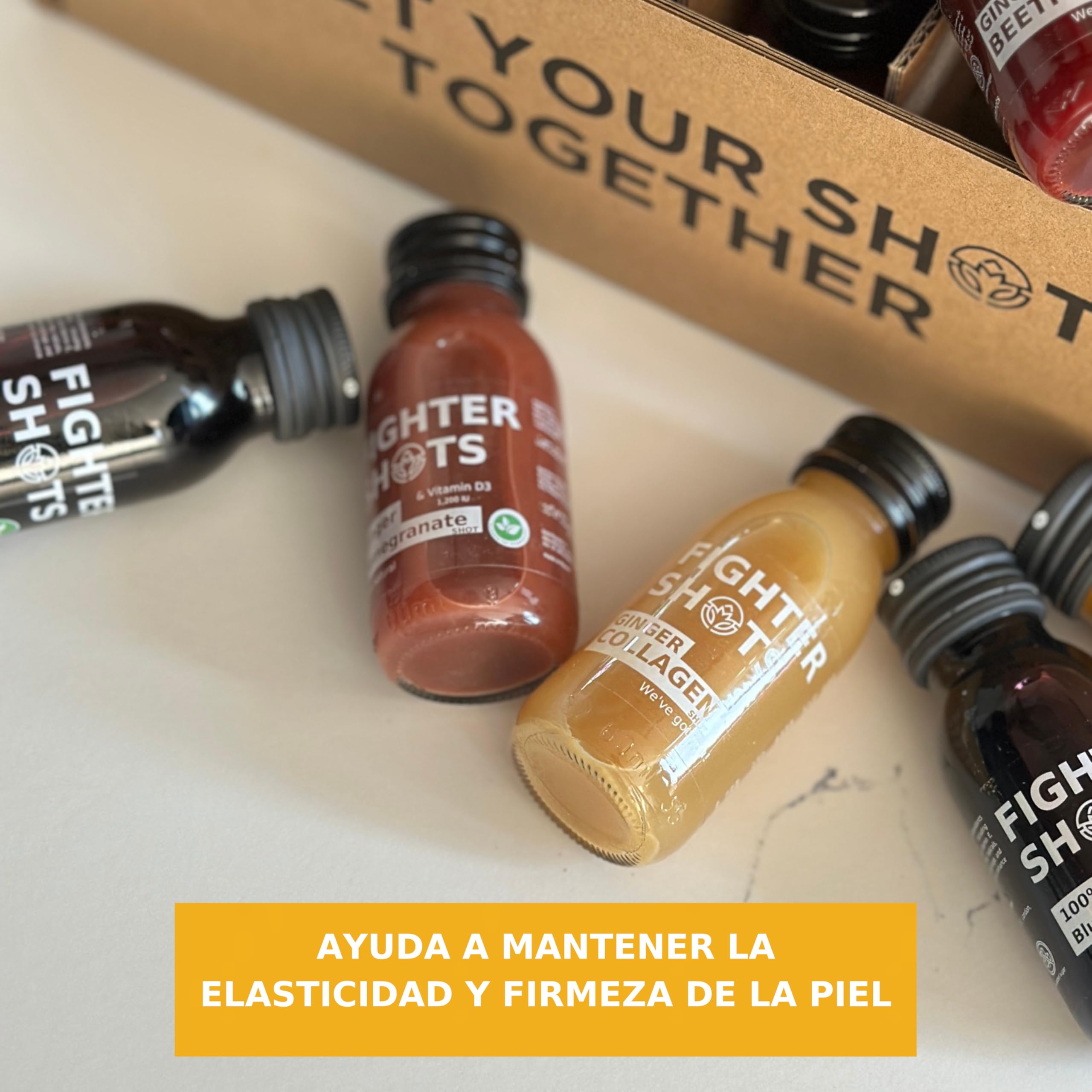 Fighter Shots de Jengibre Colágeno Marino (12x60ml) | Piel y Cabello más sanos | Fortalece el Sistema Inmunológico | 100% Natural | Sin Conservantes | Shots De Jengibre Fresco e Intenso