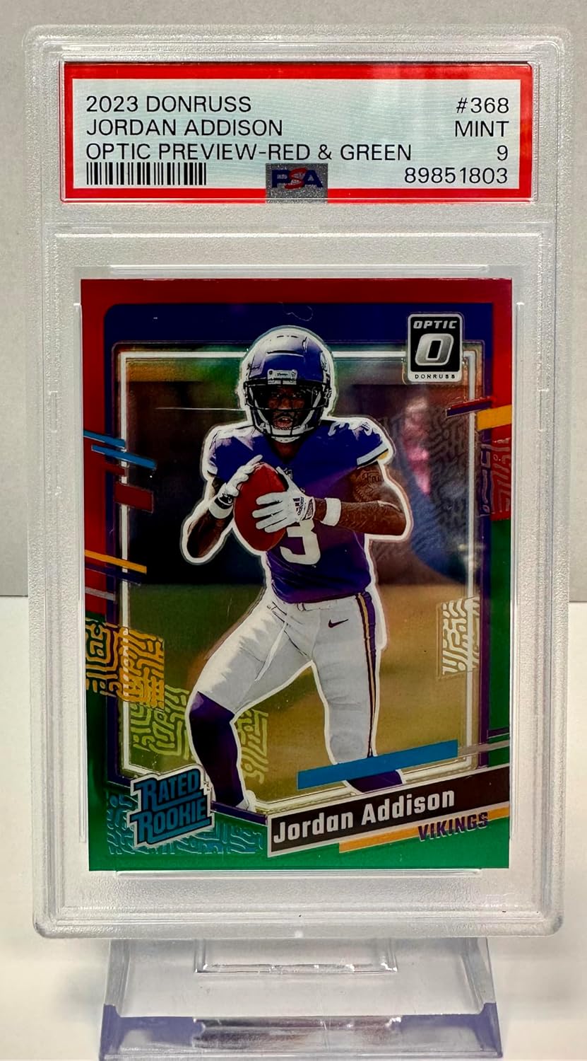 Jordan Addison PSA Graded 9 Rated Rookie Red & Green Prizm Collectible Football Card - 2023 Donruss Optic Preview Football Card #368 (Vikings)
