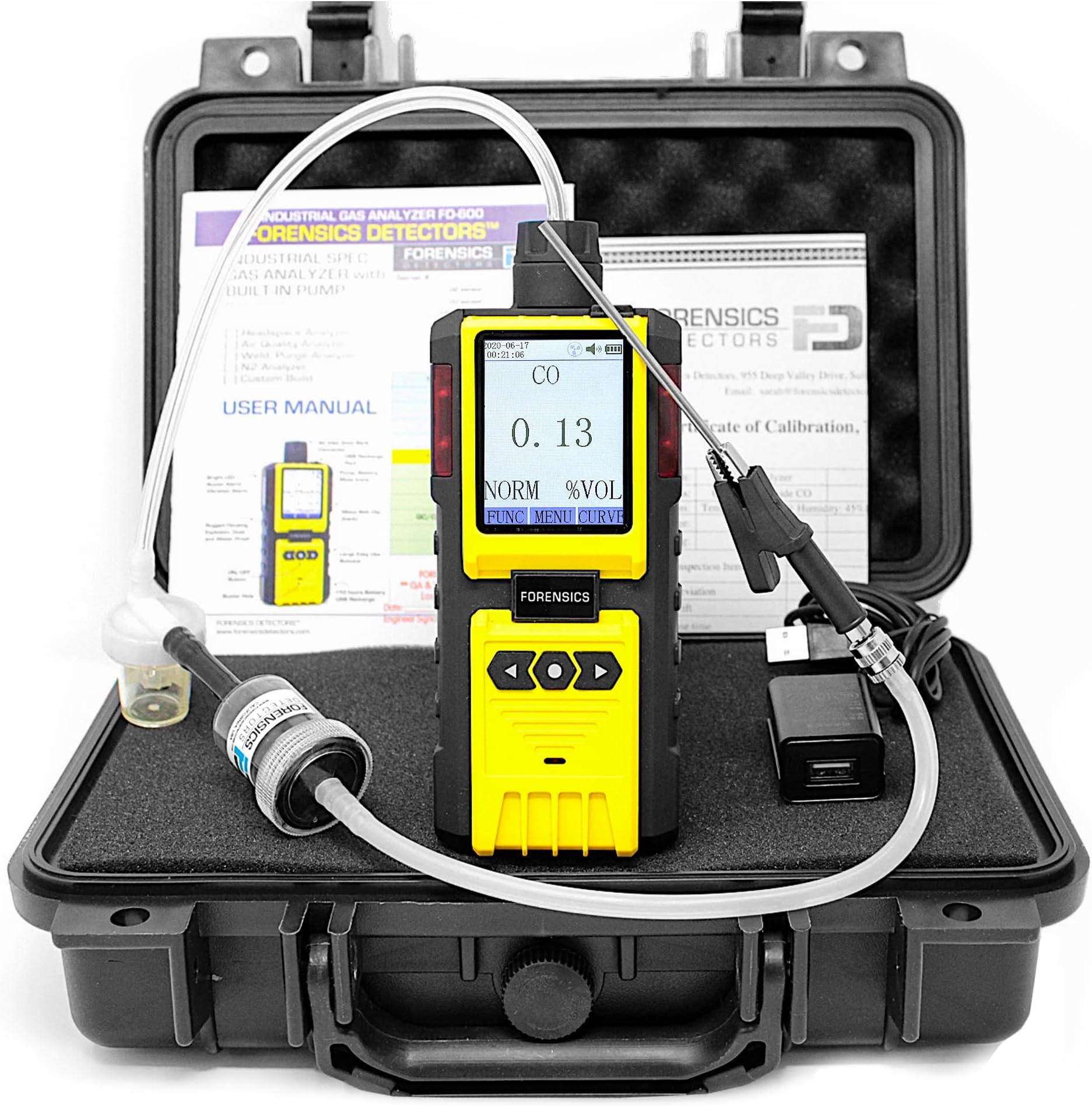 Exhaust Gas Analyzer Carbon Monoxide by Forensics Detectors | Motorcycle, Forklift, Automotive, Small Engine | USA NIST Calibration and Certificate | Probe, Water Trap and Filters | 0-2% CO |