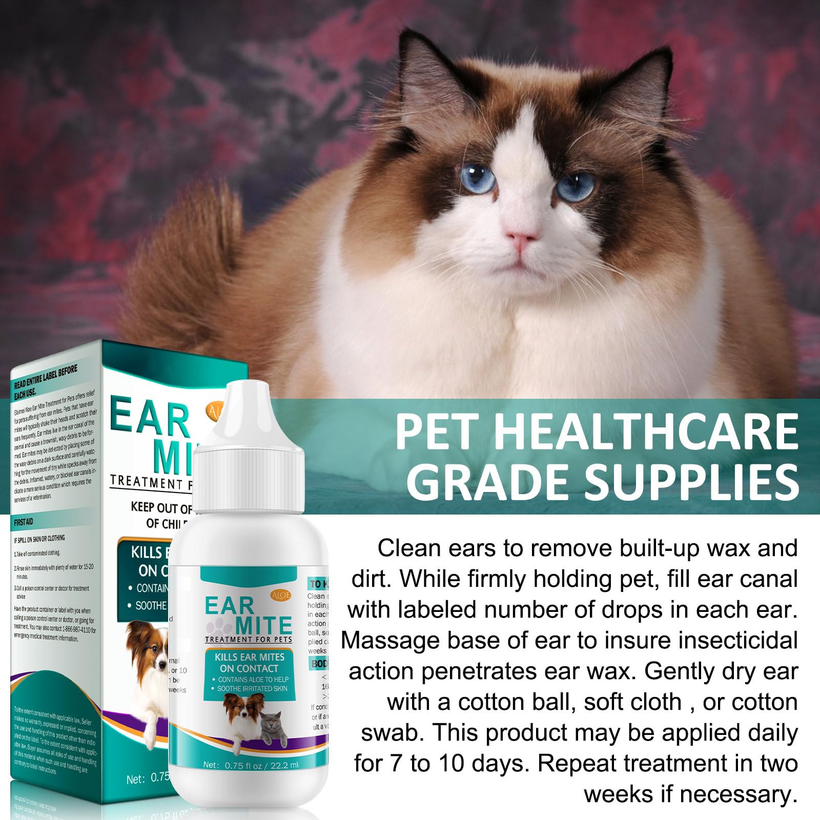 SDJUFEI 2 Pack Ear Mites Clean for Dogs & Cat, with Aloe Vera, Cat Ear Mite Treatment Cleaner on Contact & Soothes Itching, Vet-Recommended Formula for Pets Ear Cleaning, Fast-Acting - image 6