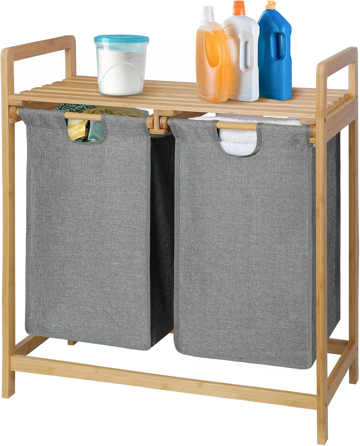 Bellzacasa Bamboo Laundry Hamper Shelf 2 Section Hamper