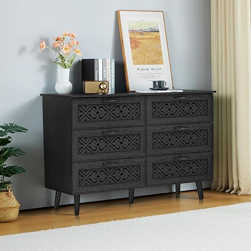 Miniatura 3 de QEIUZON Cómoda de 6 cajones, cómoda moderna de granja con cajones anchos y asas de metal, diseño hueco tallado para dormitorio, sala de estar,