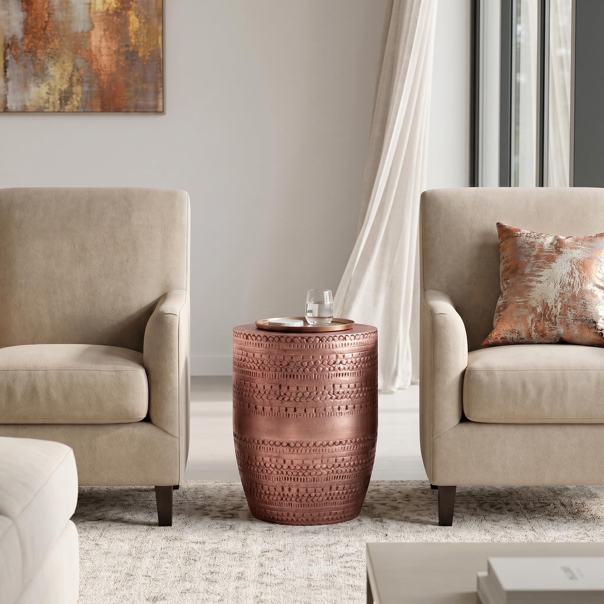 SIMPLIHOME Johnsen - Tavolo in metallo, largo 38,1 cm, in rame anticato con motivo tribale, tavolino rotondo bohémien, per soggiorno, camera da letto o ufficio domestico, completamente assemblato