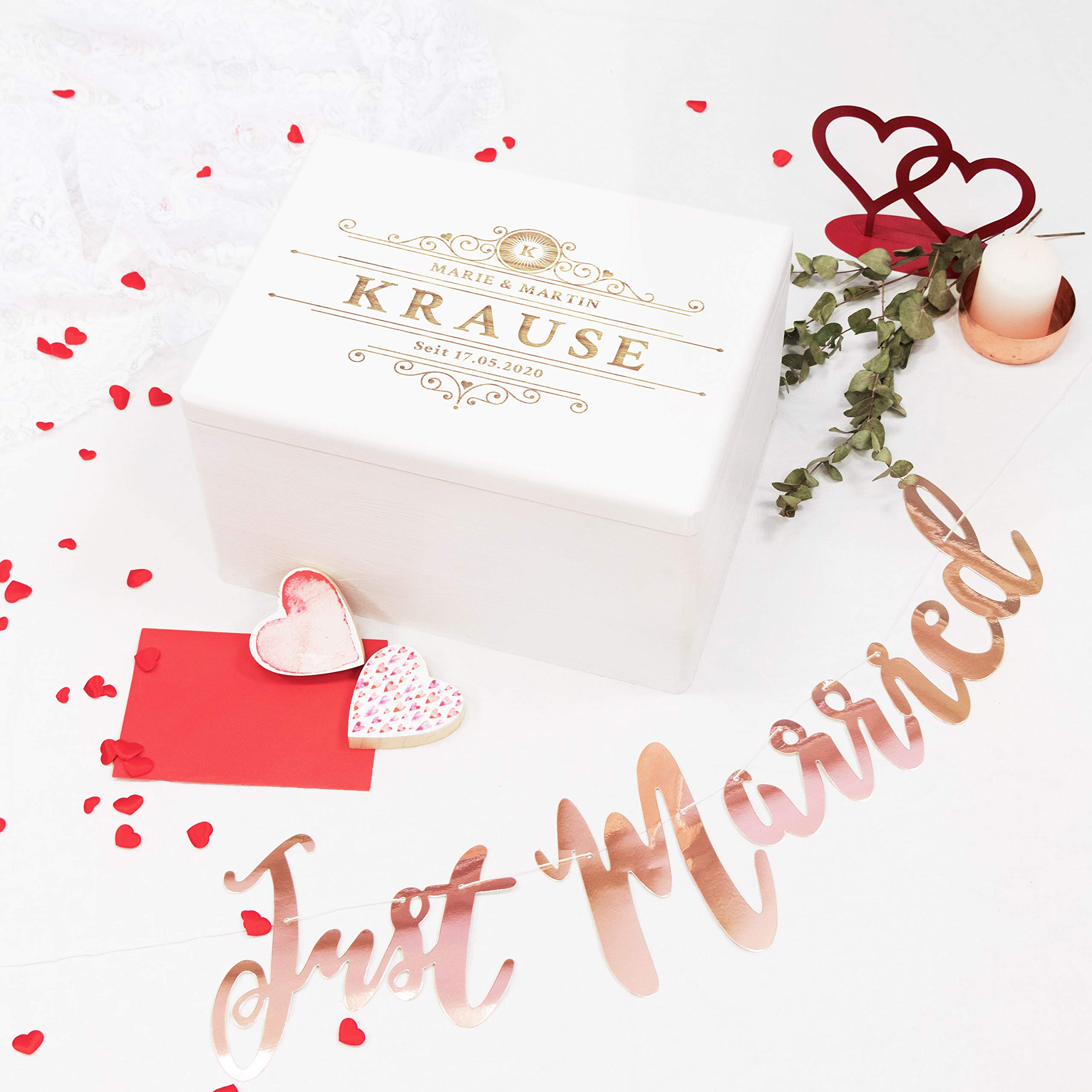 LAUBLUST Holzkiste Personalisiert zur Hochzeit - ca. 40x30x24cm, Weiß, Ranken Gravur | Erinnerungsbox & Geschenkkiste, FSC®