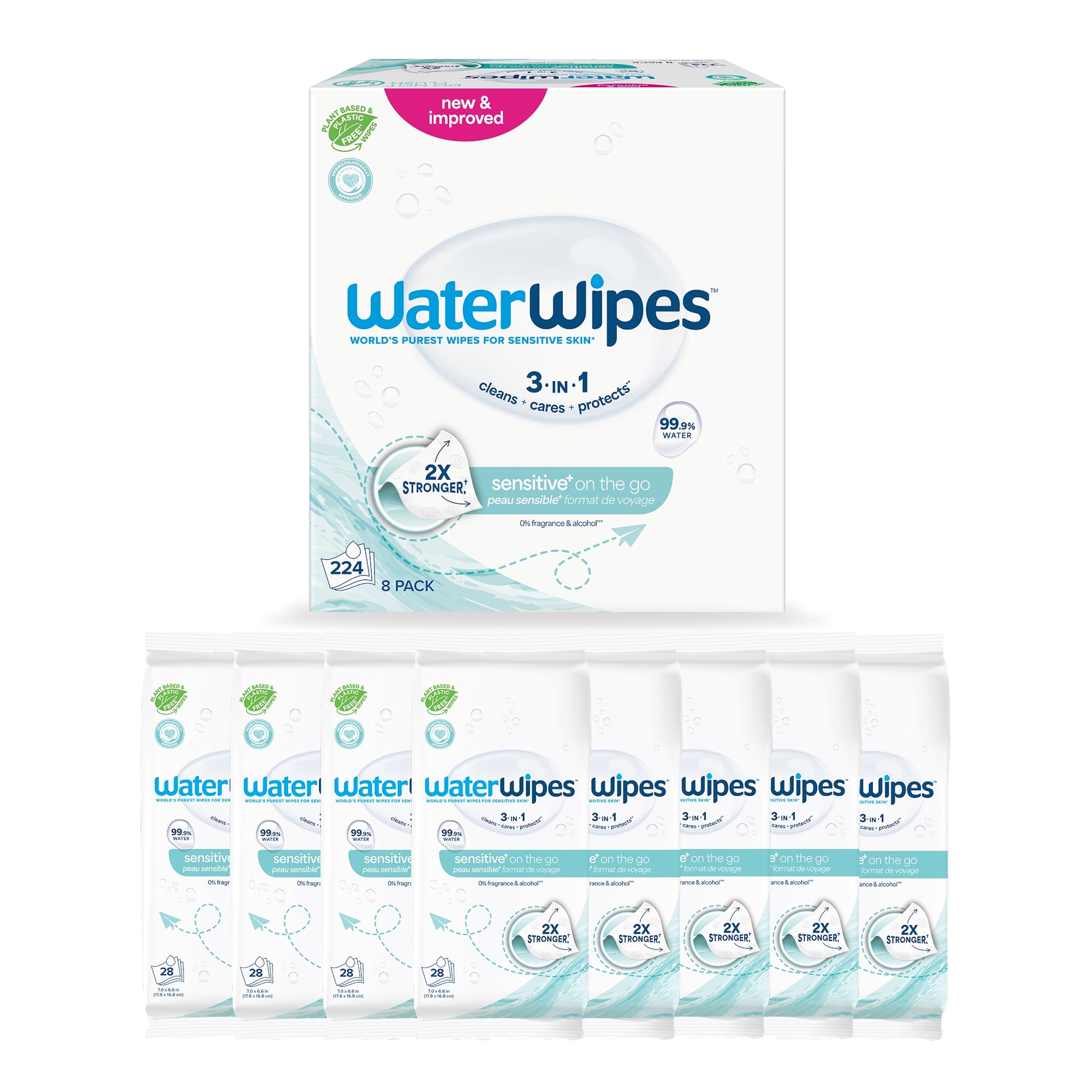 WaterWipes Sensitive+ On The Go Wipes, 224 Pezzi (8 Confezioni), Deterge, Cura, Protegge, 99,9% Acqua, Salviette Umidificate Senza Profumo
