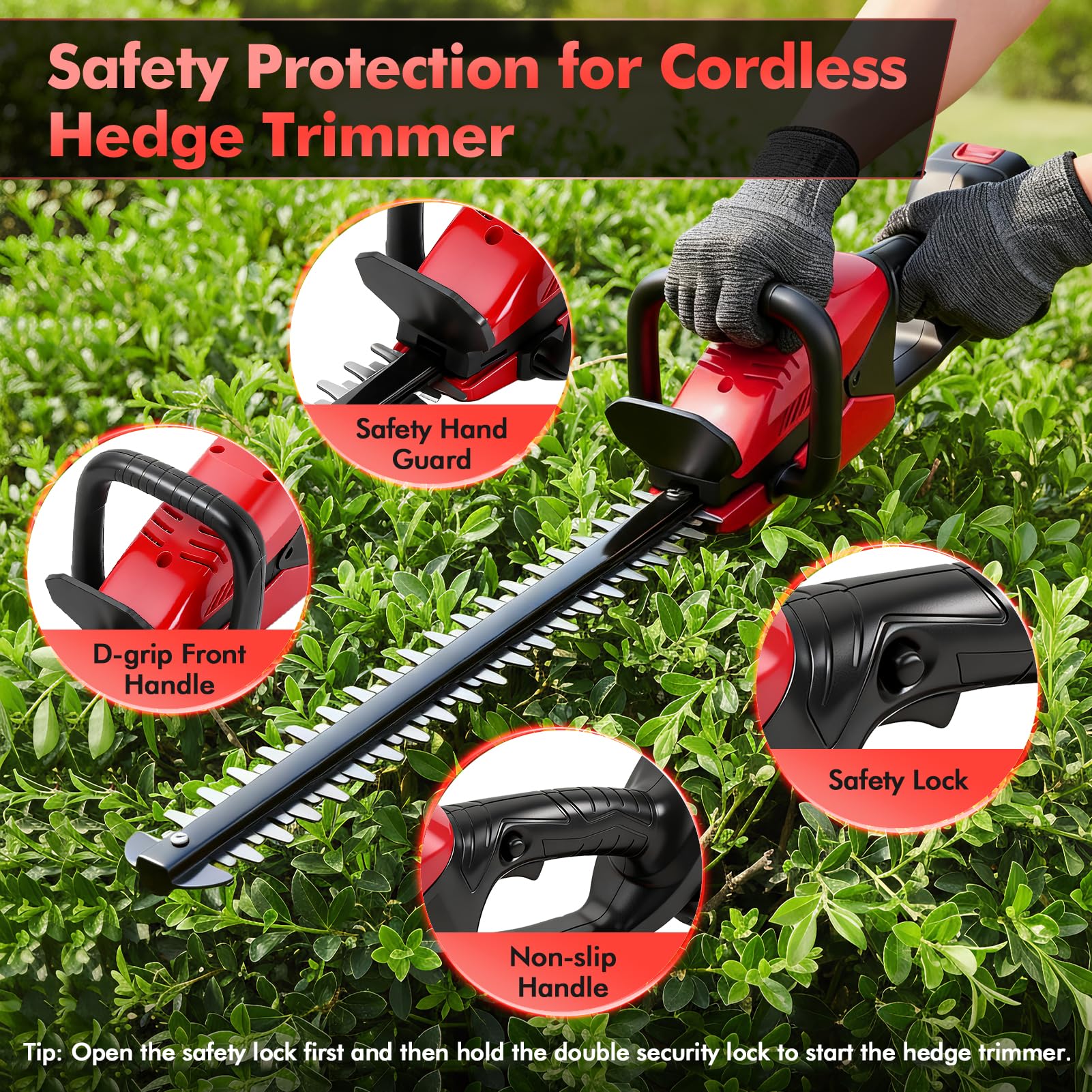 Hedge Trimmer Cordless 21v,Hedge Cutter with 50cm Sk8 Dual-Action Blade 18000rpm Brushless Motor,Hedge Trimmer Cordless Lightweight Long Reach,1.5cm Cutting Capacity,Safety Lock &Quick Stop for Garden - 3