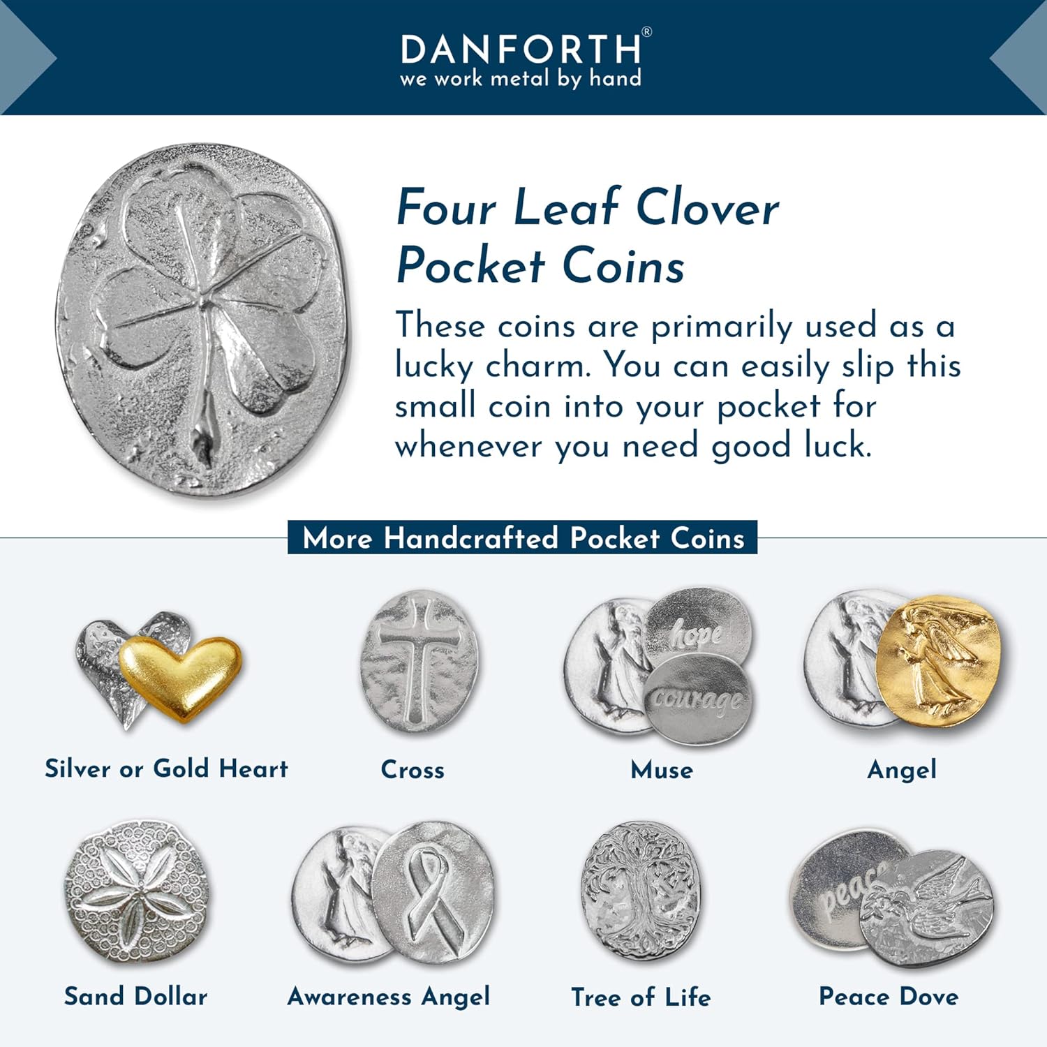 DANFORTH Pewter Four Leaf Clover Pocket Tokens Set of 50 - Lucky Shamrock Charm Coins for St Patricks Day, Wedding Favors & Good Luck Gifts | Lead-Free, Made in USA