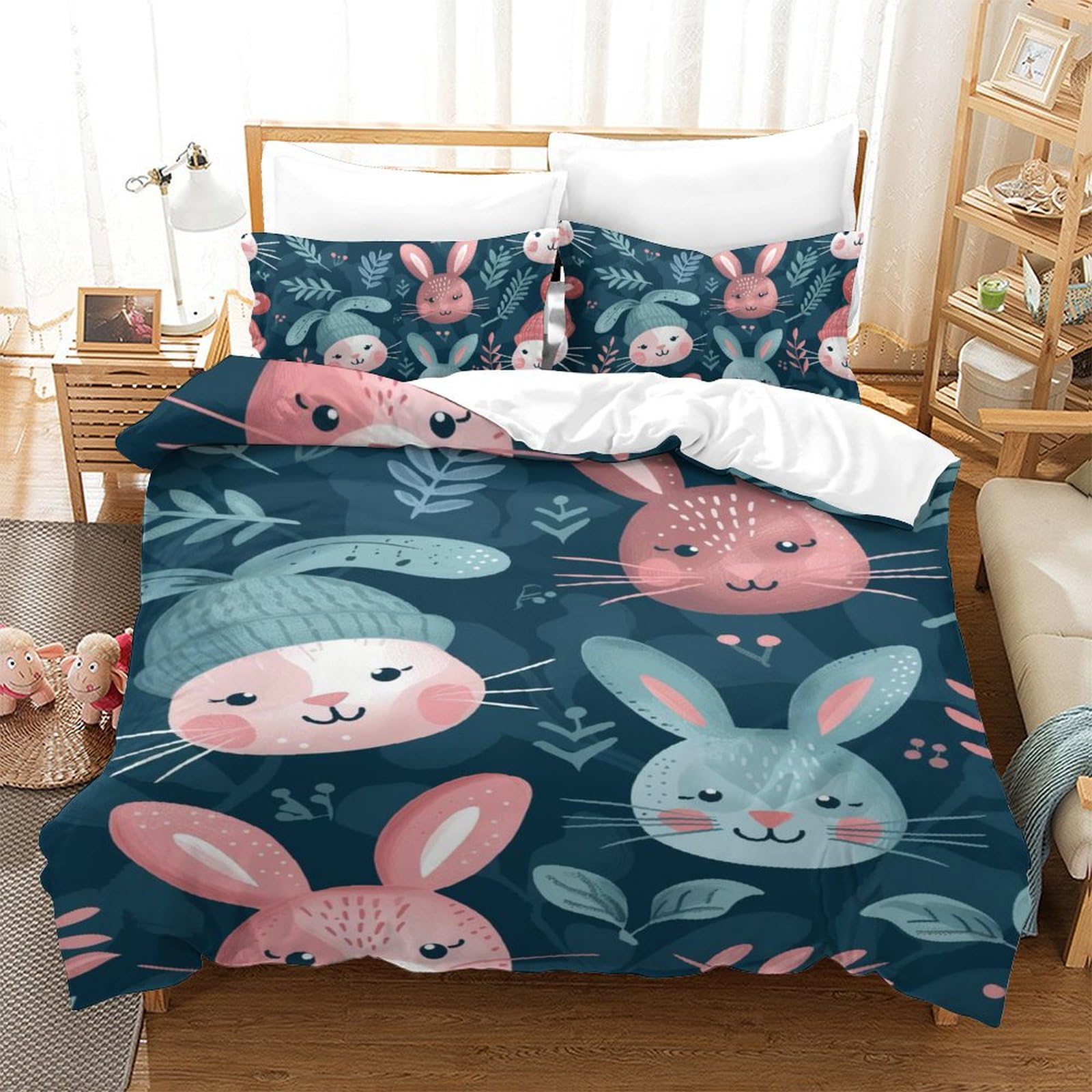 Housse de couette lapin 3D en microfibre anti-plis 140x200cm pour un lit d'enfant sain