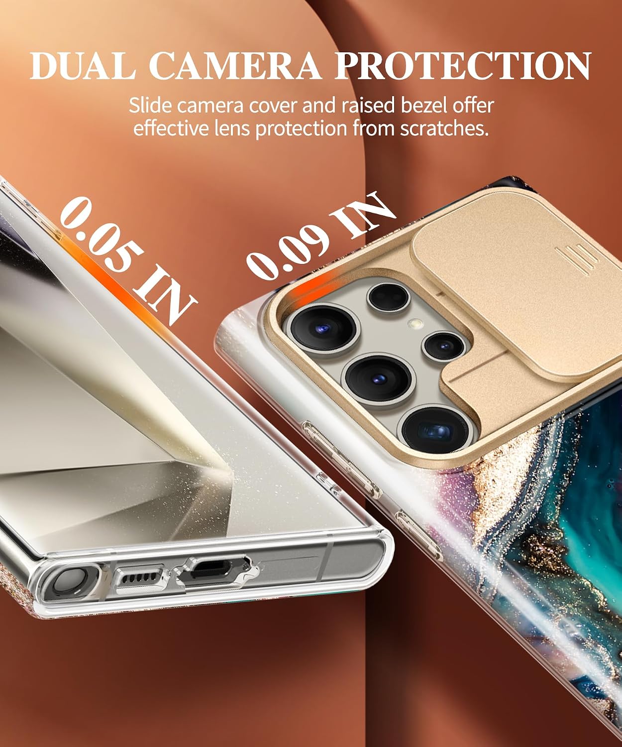 GVIEWIN for Samsung Galaxy S24 Ultra Case with Slide Camera Cover+Privacy Screen Protector, [Military Grade Shockproof] Marble Protective Slim & Tough Phone Case for S24 Ultra 6.8"(Drift Sand/Brown)