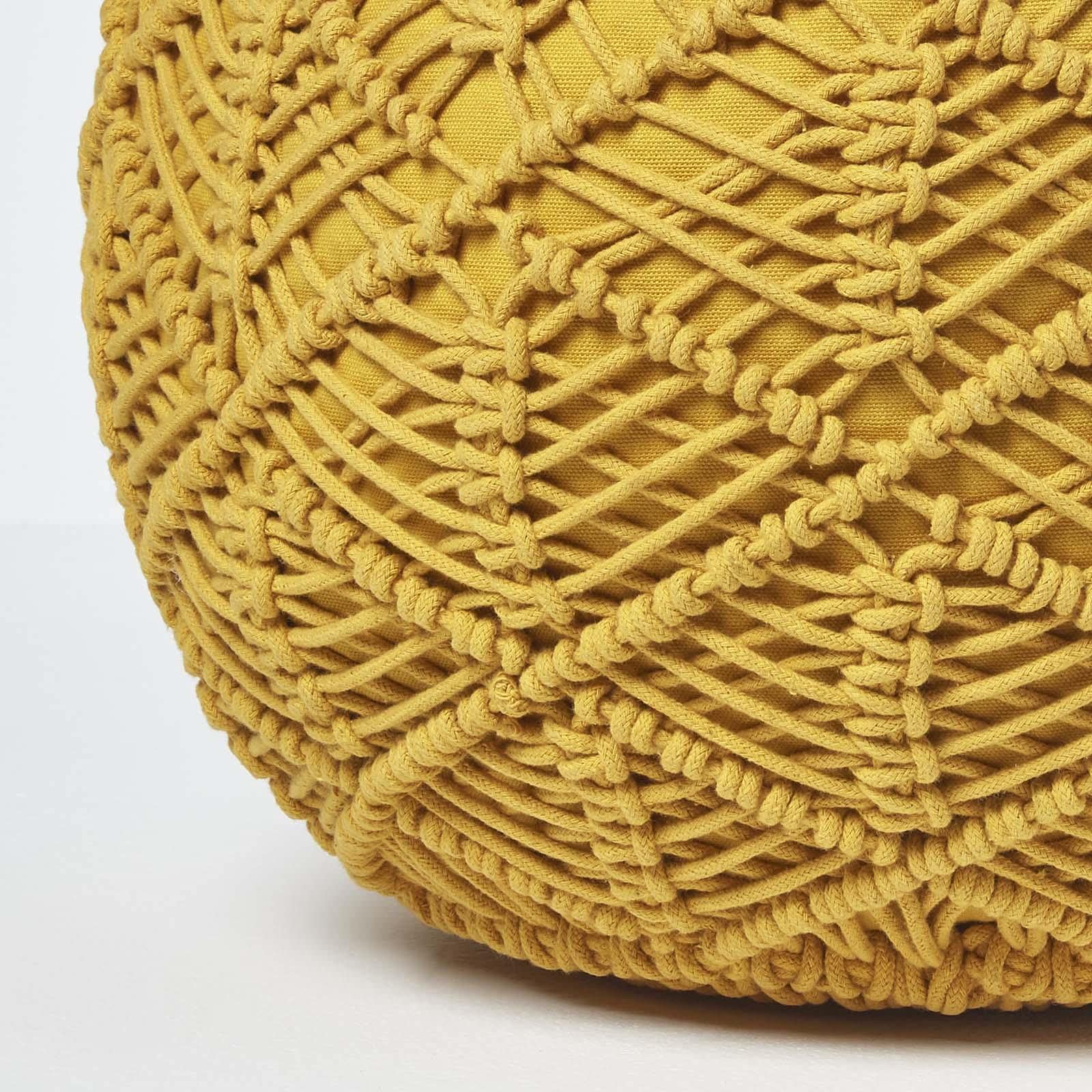 HOMESCAPES Pouf tressé en Coton macramé Jaune Moutarde, Repose-Pieds en Crochet, Pouf Rond 40 x 50 cm