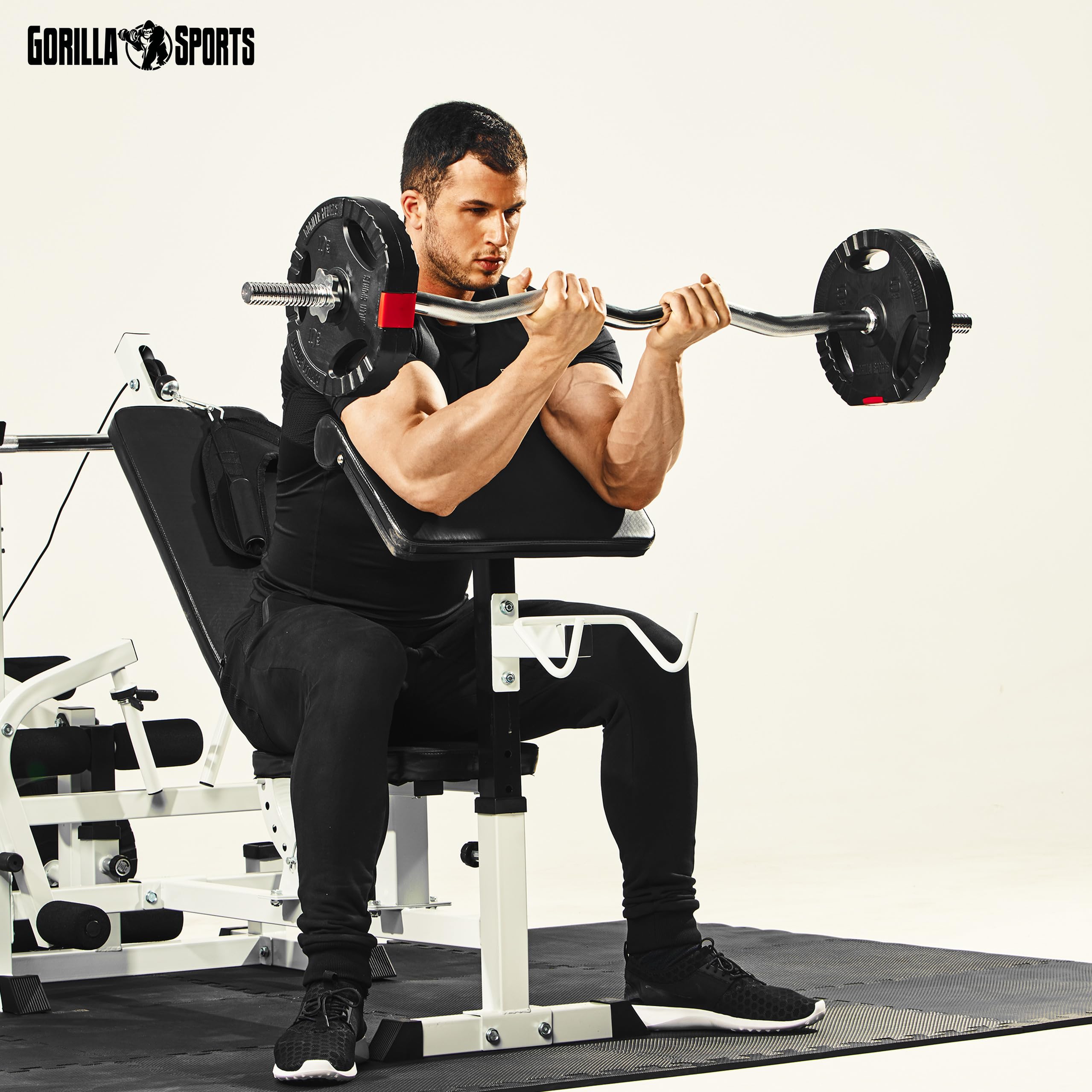 GORILLA SPORTS® Set Bilanciere con Pesi – 25kg, Barra Curva EZ 120cm, Ø 30/31mm, Dischi Rivestiti in Plastica, Collari Spinlock – Bilanciere Curl, Dischi Pesi, Palestra da Casa, Fitness, Allenamento