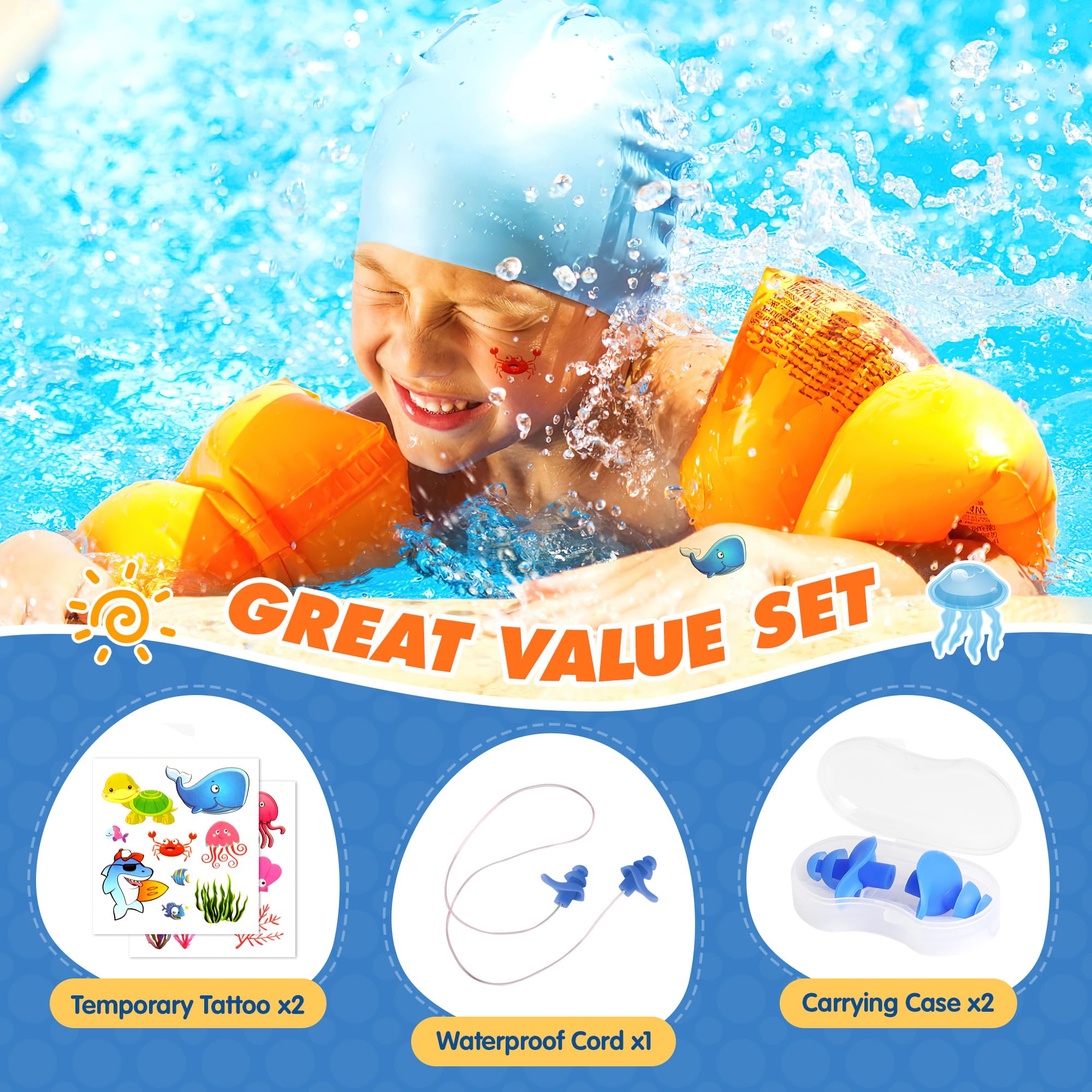 Hearprotek Tapones para los Oídos Natación 2 Pares Silicona Reutilizables a Prueba de Agua Nadadores Duchas Deportes Acuáticos Tamaño Niños Azul Naranja
