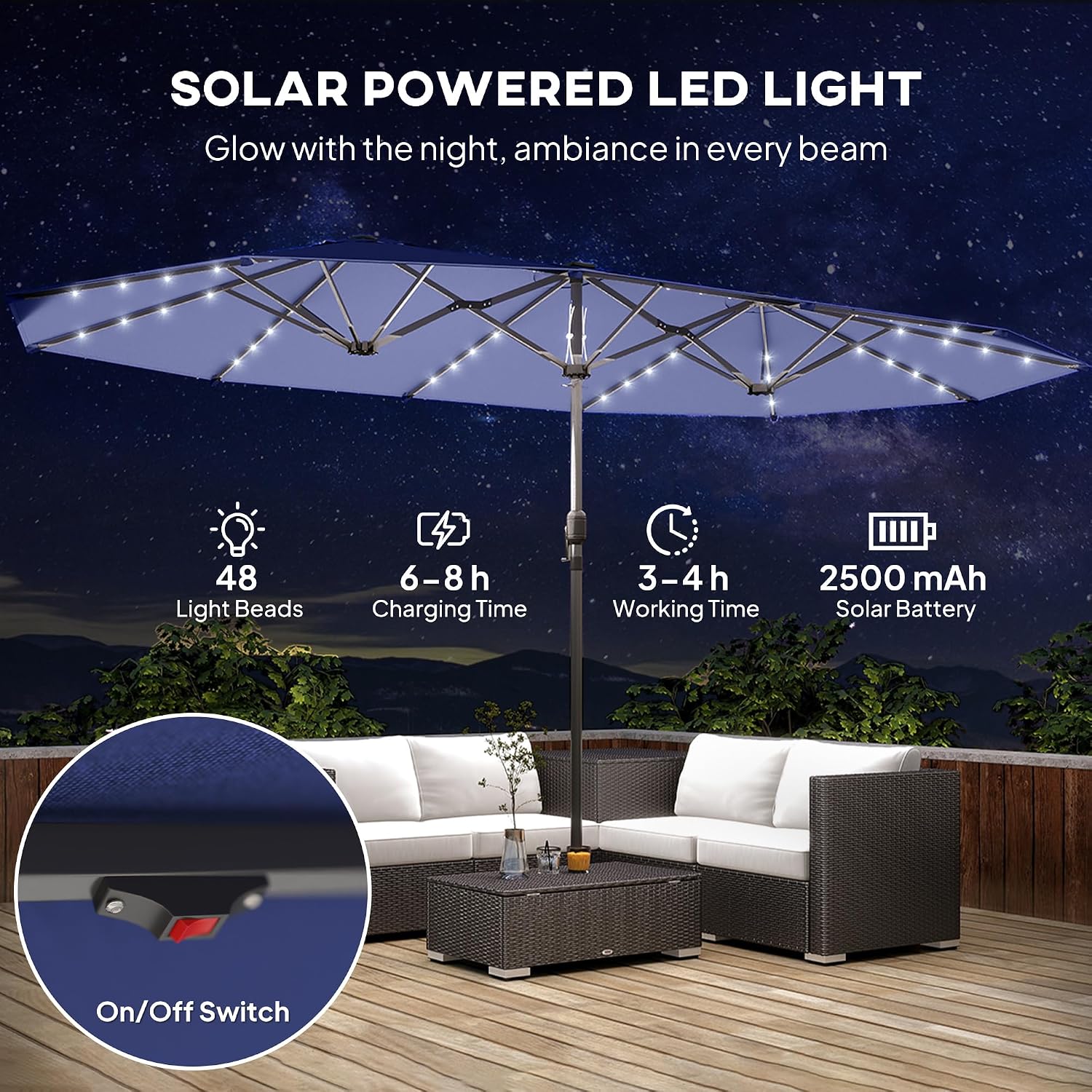 Outsunny 14.8ft Double Umbrella, Large Outdoor Patio Sun Shade with LED Solar Light for Garden