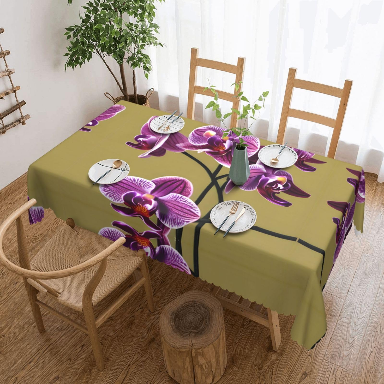 CNTDBU Beautiful Orchids Scalloped Edge Tablecloth 54x72-Waterproof Stain Resistant Wrinkle Free Cover, Square Table Cloth for Dining Party