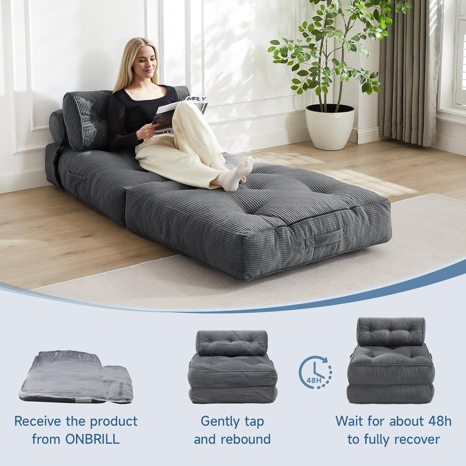 Folding Couch Sofa Bed,Convertible Sleeper Chair for Adults, Corduroy Portable 4 in 1 Fold Out Chair to Floor Lounger, Couches for Living Room,Single,Grey