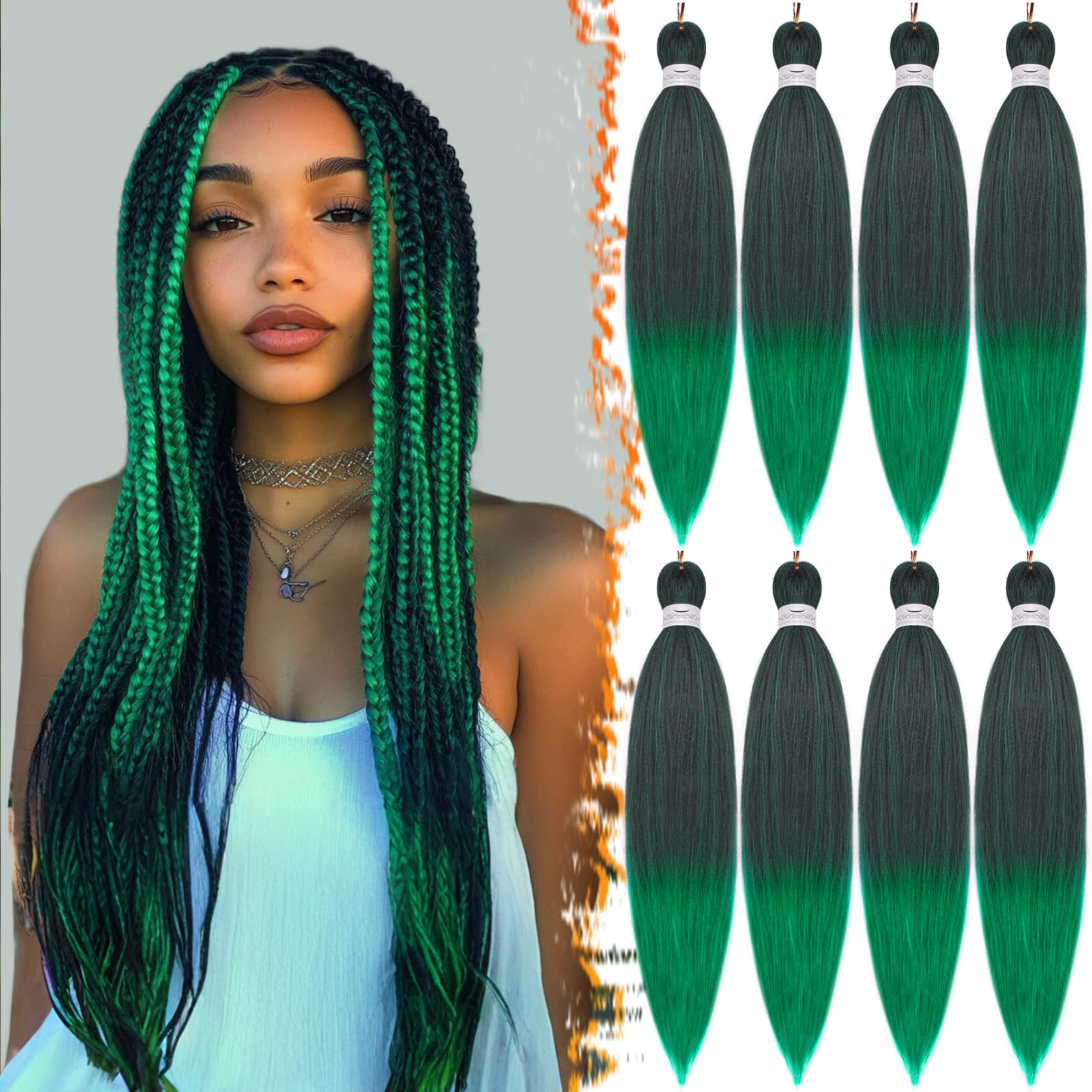 BARSDAR Pre Stretched Braiding Hair Extensions, 66cm 8 Packs Lange Ombre Grün Braiding Haare Pre Stretched Easy Braids Synthetik Crochet Braids Extensions Yaki Hot Water Setting
