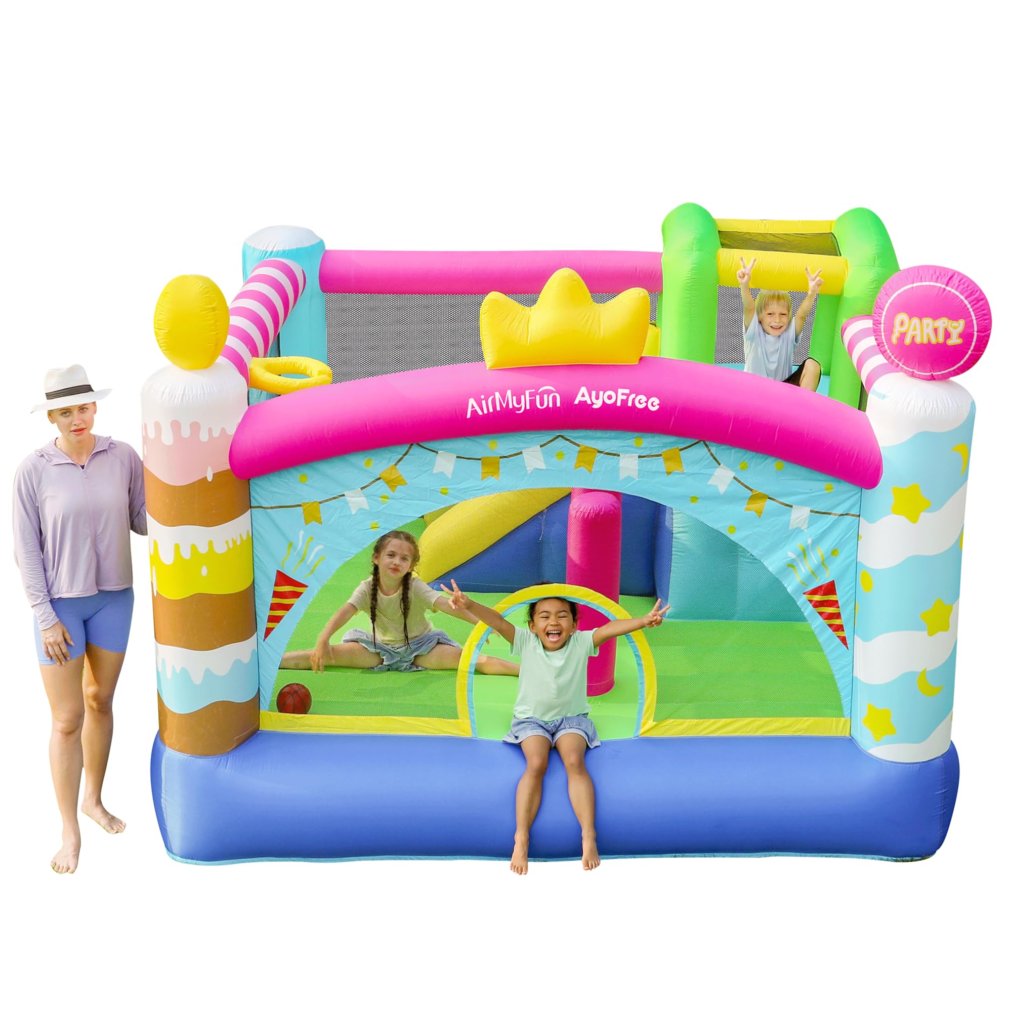 AirMyFun& AyoFree Bounce House, Bouncy House with Slide, Indoor Outdoor Inflatable Bounce House for Kids, Party Theme Bounce Castle with Large Jumping Area, Basketball Hoop