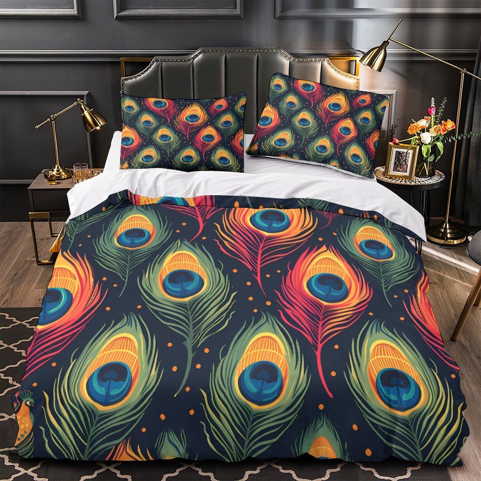 Housse de couette plumes de paon en microfibre douce lavable pour éviter les allergies