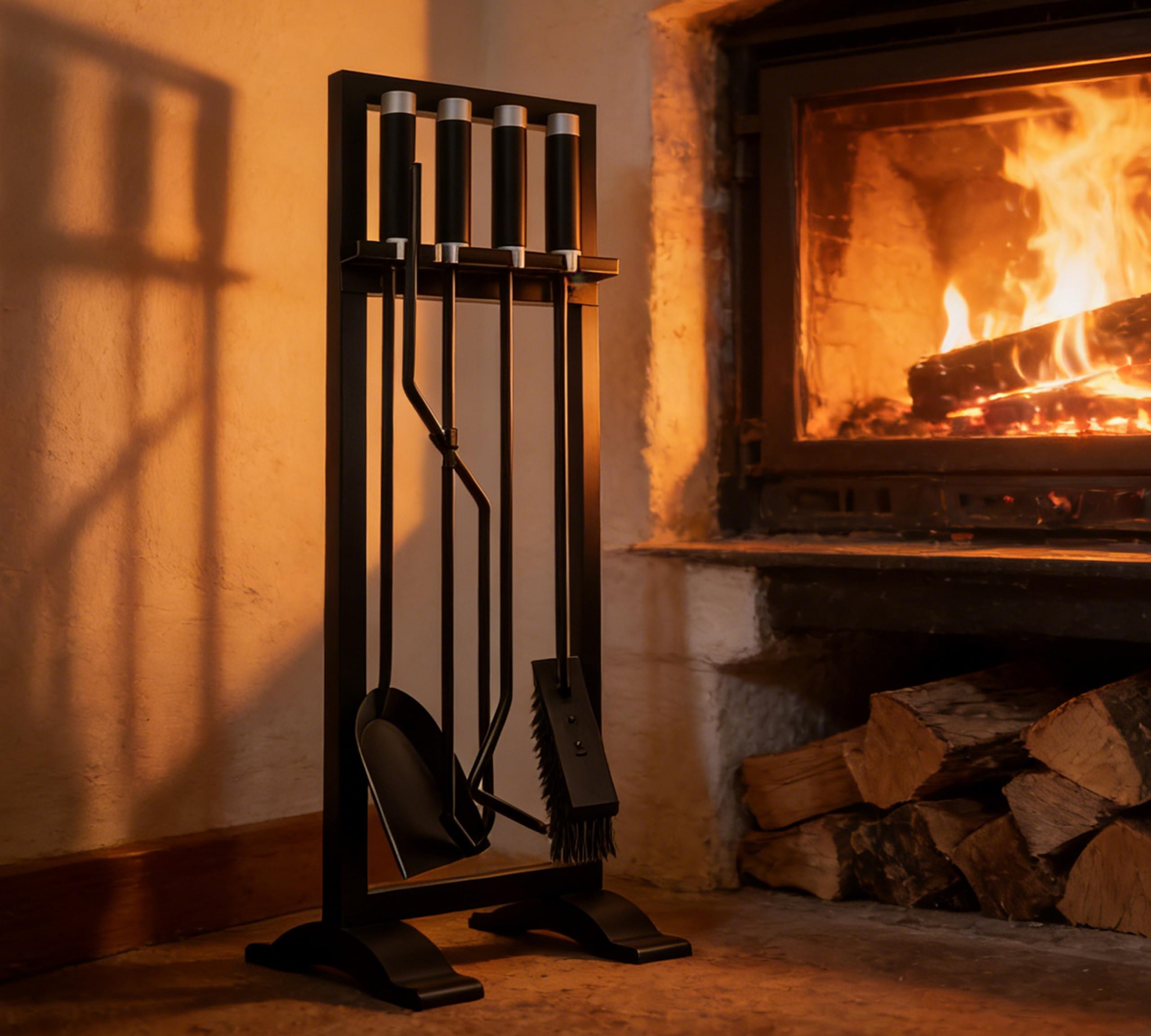 Kingson – Set di accessori per caminetto, 4 pezzi, include attizzatoio, pala, spazzola e pinze – 61 cm, attrezzi per focolare con manici in acciaio inossidabile e ferro – Supporto nero moderno