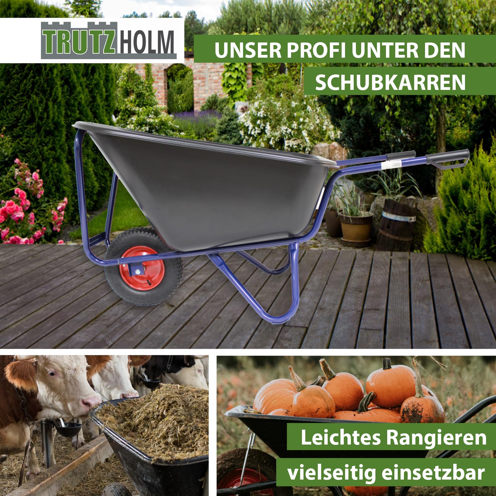 TRUTZHOLM 1-Rad Schubkarre 290 Liter 300 Kg Luftrad Metallfelge 156 x 89 cm Kunststoffmulde schwarz Futterkarre Hofkarre Schiebkarre