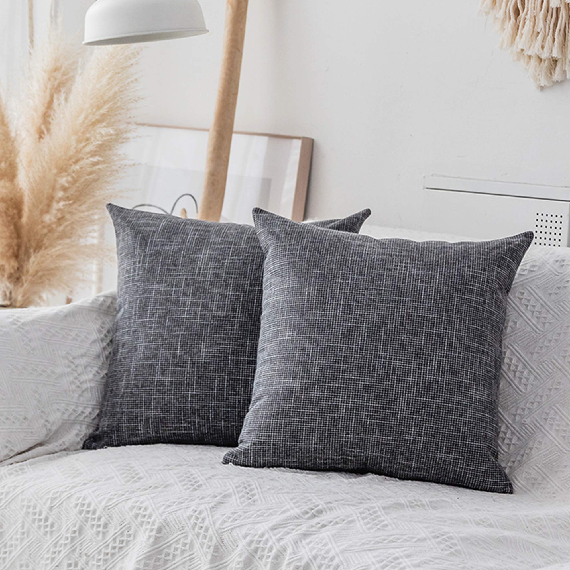 Kevin Textile Square Throw Pillow Cover, Linen Soft Cushion Covers, 24" x 24" Farmhouse Pillowcase, Home Decor Decorations for Sofa Couch, Set of 2, Dark Grey