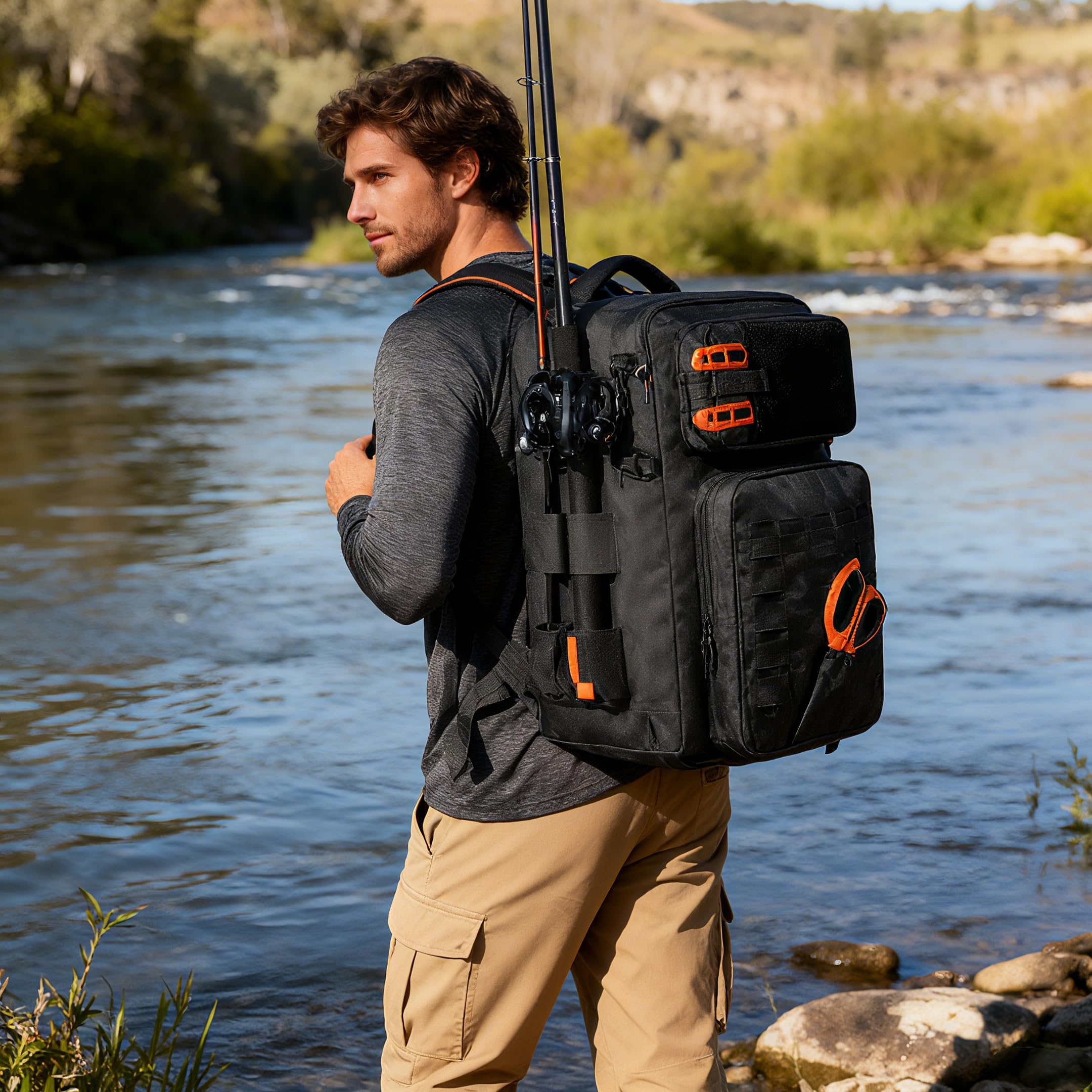 WEFLIER Mochilas de Pesca, Bolsos de Equipos de Con Accesorios de Pesca Con Palos de, Bolsos de Viaje Con Bolsas de Almacenamiento 48l, Caza de Campamento, Camping, Trekking, Negro