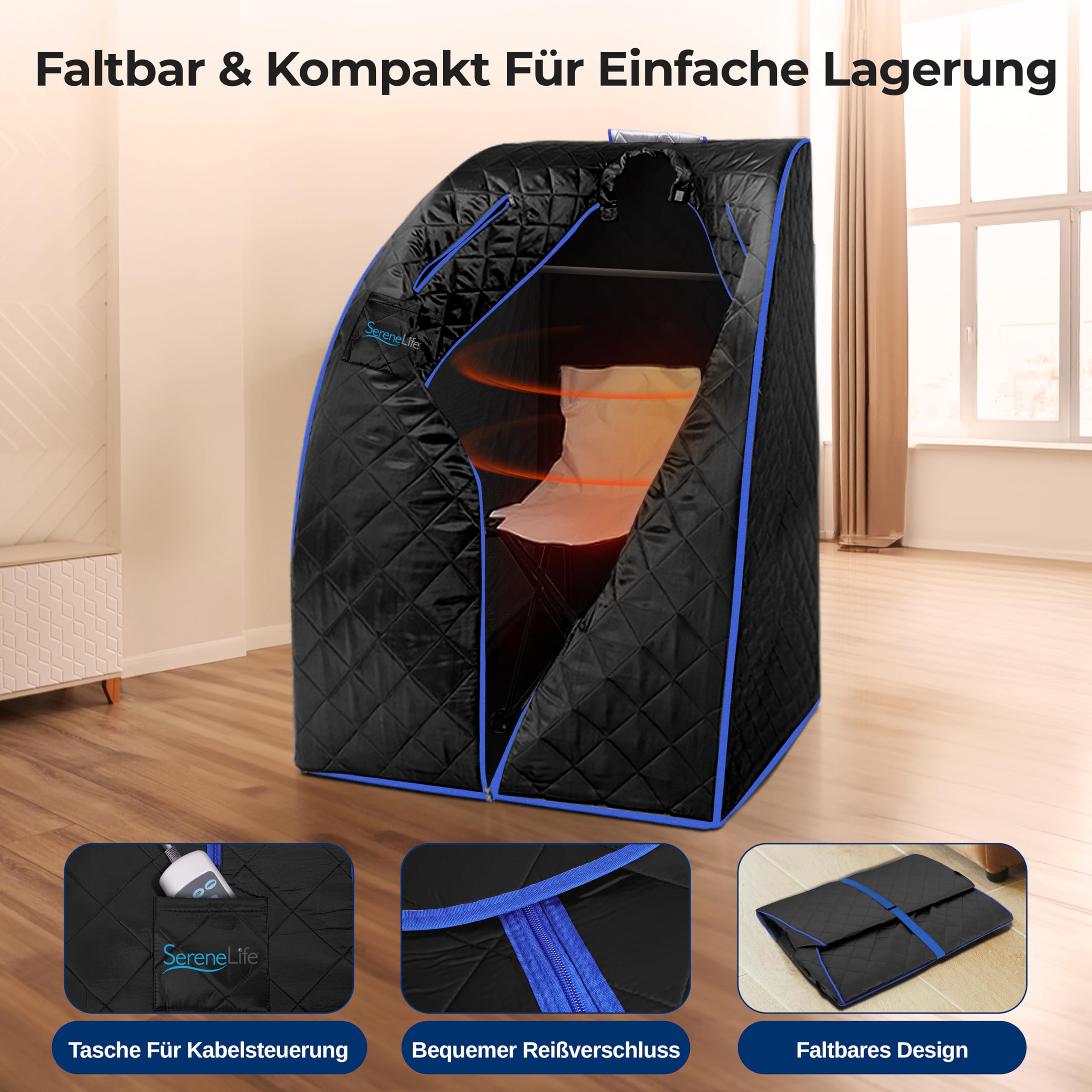 SereneLife Dampfsauna Zelt Schwarz 84×80×103 cm – Tragbare Heimsauna mit Stuhl und Heizmatte Faltbare Mini Sauna - Mobile Dampfbad Kabine bis 60 °C, Carbon-Heizelement und Fernbedienung