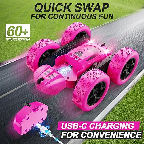 Miniatura 2 de Coches de control remoto de rosas para niñas, 2.4 GHZ, auto de acrobacias RC de doble cara, giratorio de 360°, control remoto con faros, juguetes