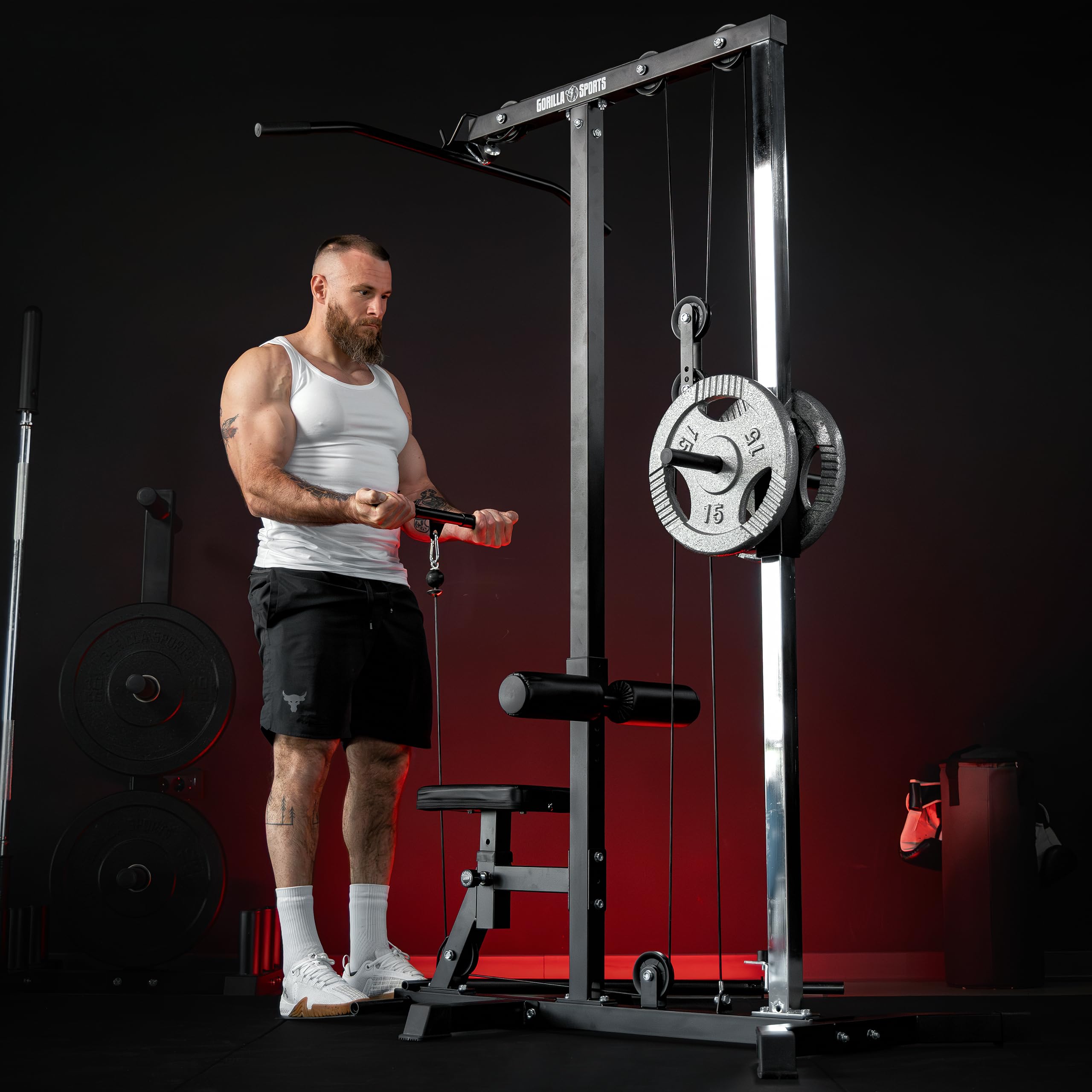 GORILLA SPORTS® Torre de poleas Ajustable, 30 mm | Incluye barra de tríceps y barra de poleas, Soporta hasta 280 kg, Estación de tracción de cables, Máquina de fitness