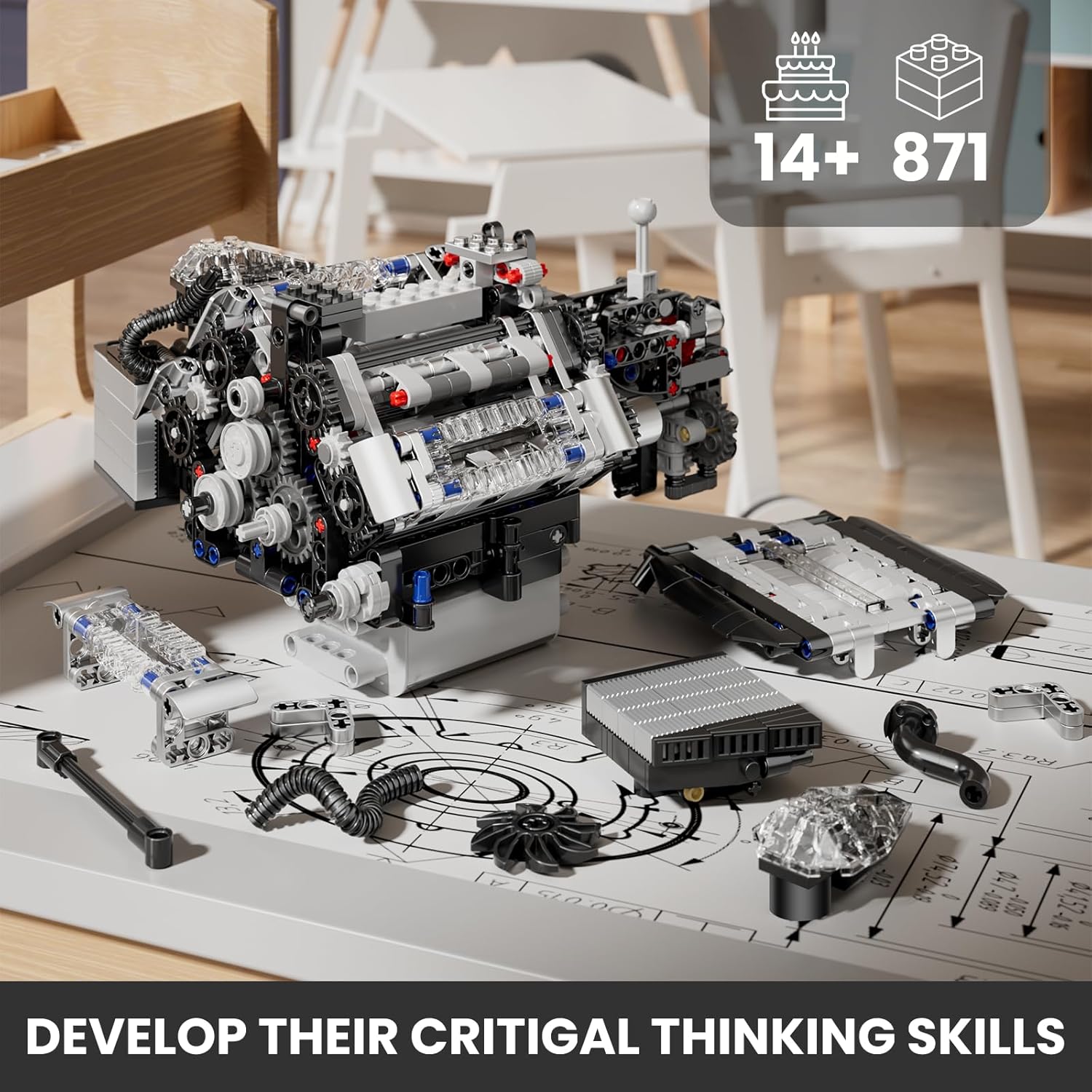Mould King W12 Engine Toys Building Block, Model Engine Kit for Adults, V8 Engine Scale Model, 10230 STEM DIY Building Kits That Works, Blocks for Adults and Aged 14+ (871 Pieces)