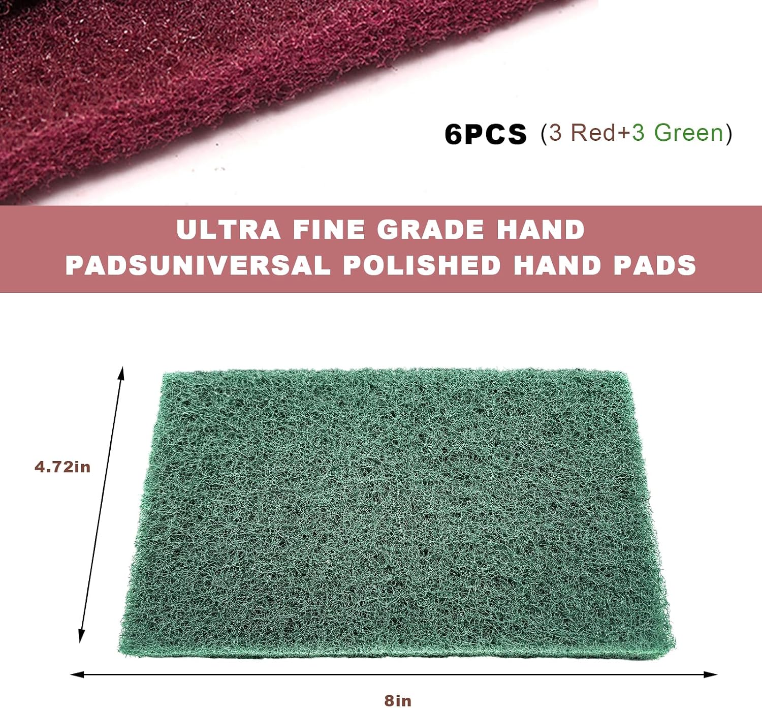 6PCS Scuff Pads, 8" x 5" Very Fine Grade General Purpose Hand Pads, Non-Woven Scouring Pad Abrasive Scrubber for Sanding Scuffing Automotive Body Surface Preparation (Green+Red)