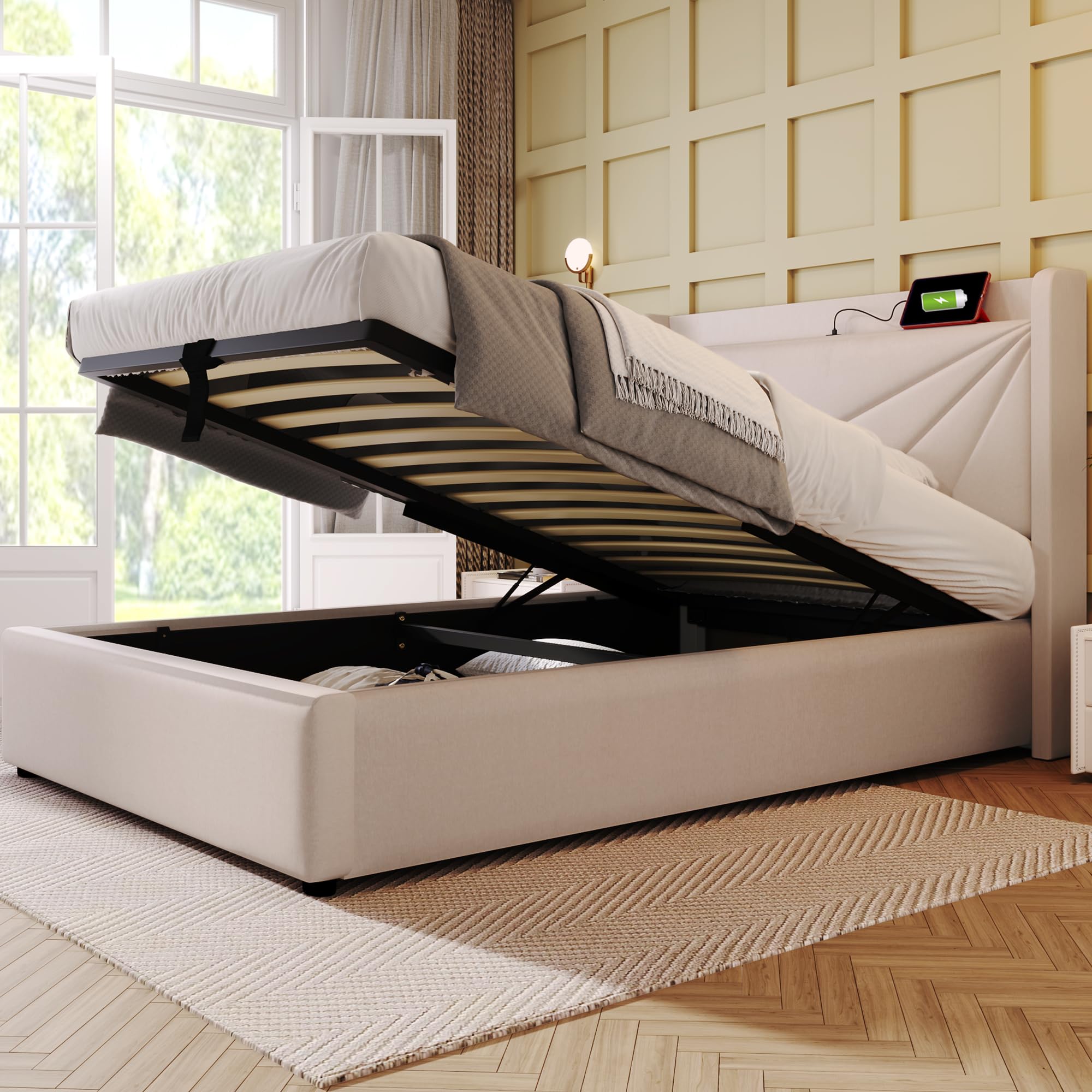 Letto imbottito 90 x 200 cm, letto singolo con cassetta, effetto lino e stazione di ricarica USB, letto funzionale con vano portaoggetti, rete a doghe e design moderno testiera