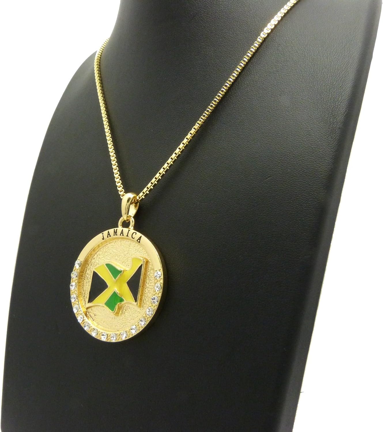 CBC Crown Jamaica, Cuba, Mexico Flag 24" Pendant Necklace in Box, Cuban or Rope Chain Gold Or Rhodium Tone