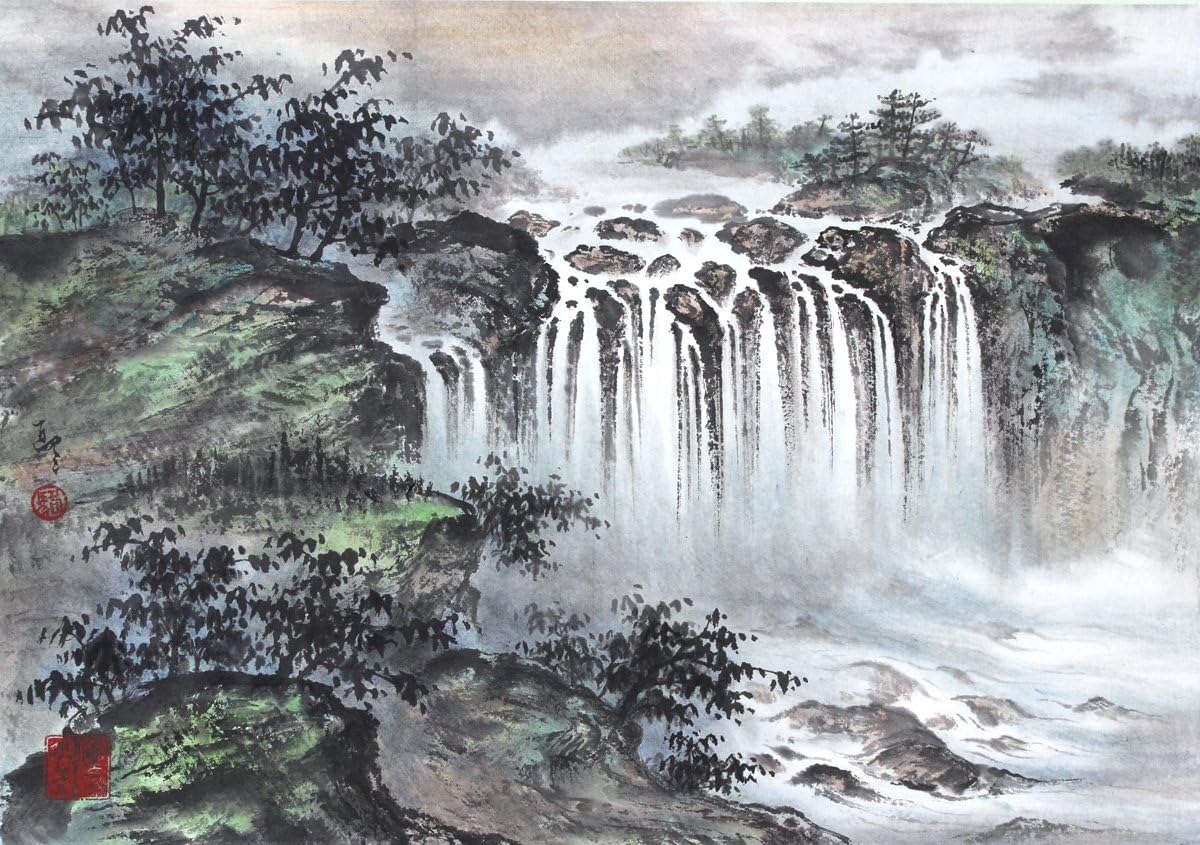 "Spring Returns to the Mountain" Oriental Waterfall Landscape, Giclee Print of Original Sumi-e Painting, Various Sizes (13 x 20)