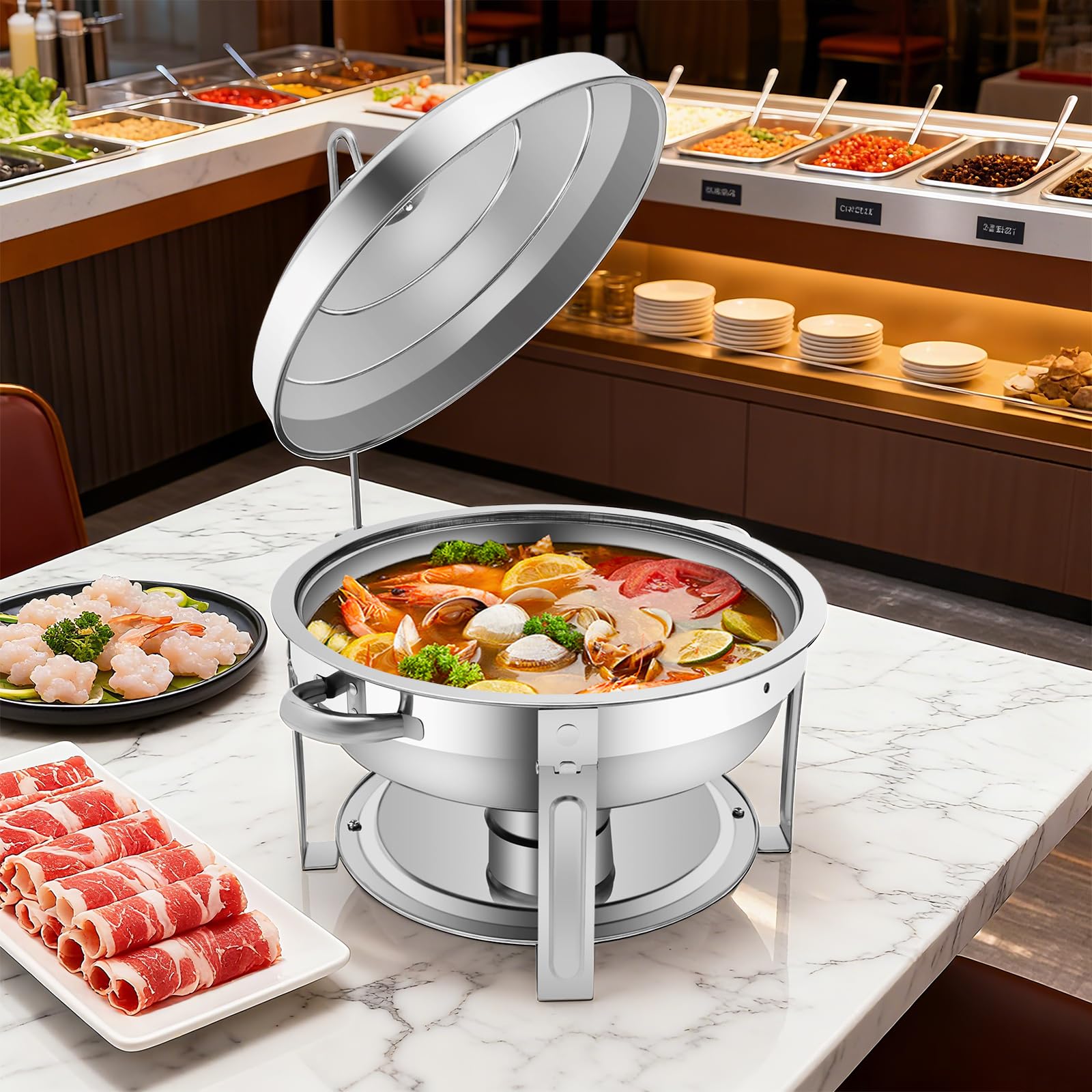 7,5 l Chafing Dish scaldavivande rotondo con coperchio e porta carburante, per buffet catering gastro e feste