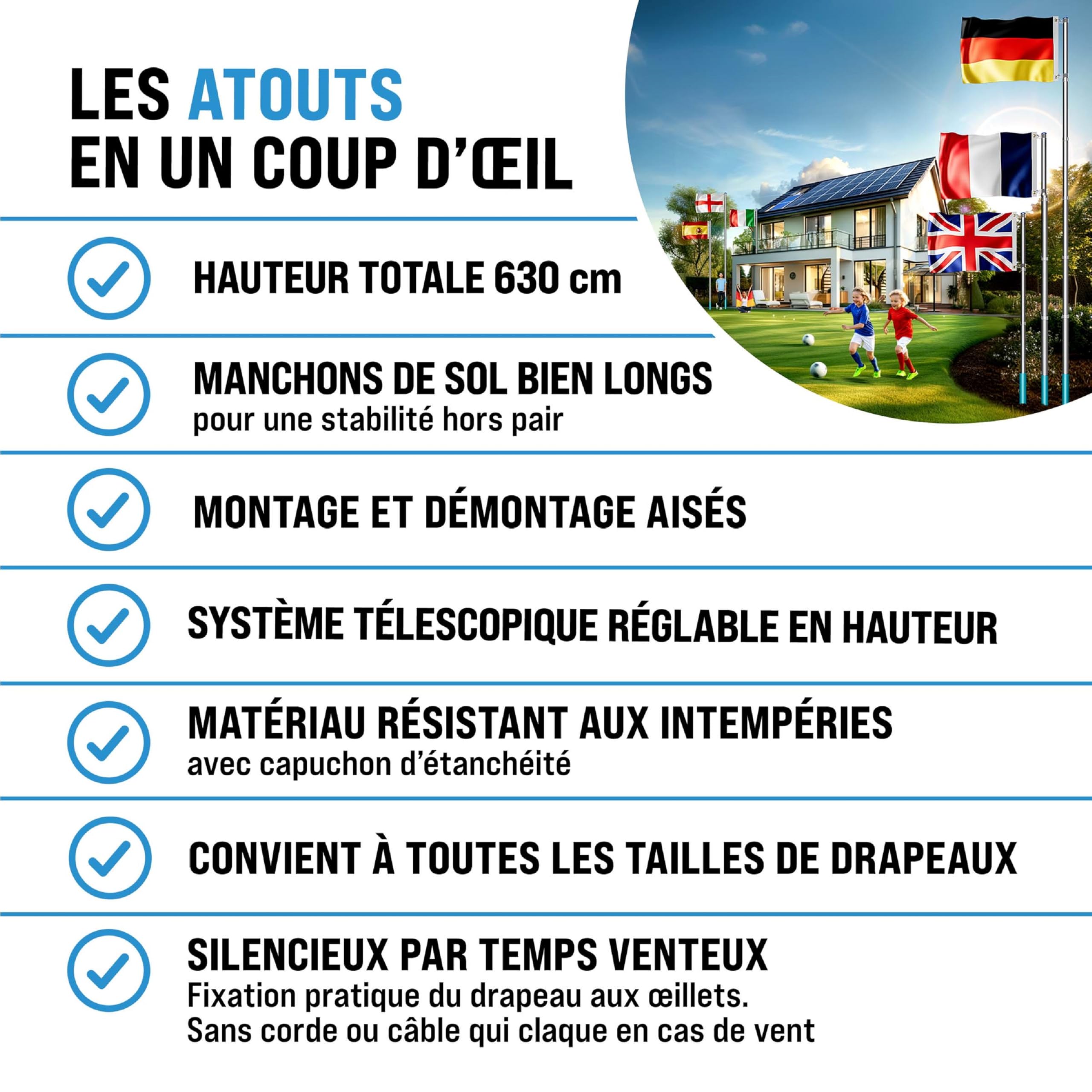MONZANA® Mât de drapeau télescopique aluminium 6,3m douille de sol 60cm réglable hauteur jardin hampe national