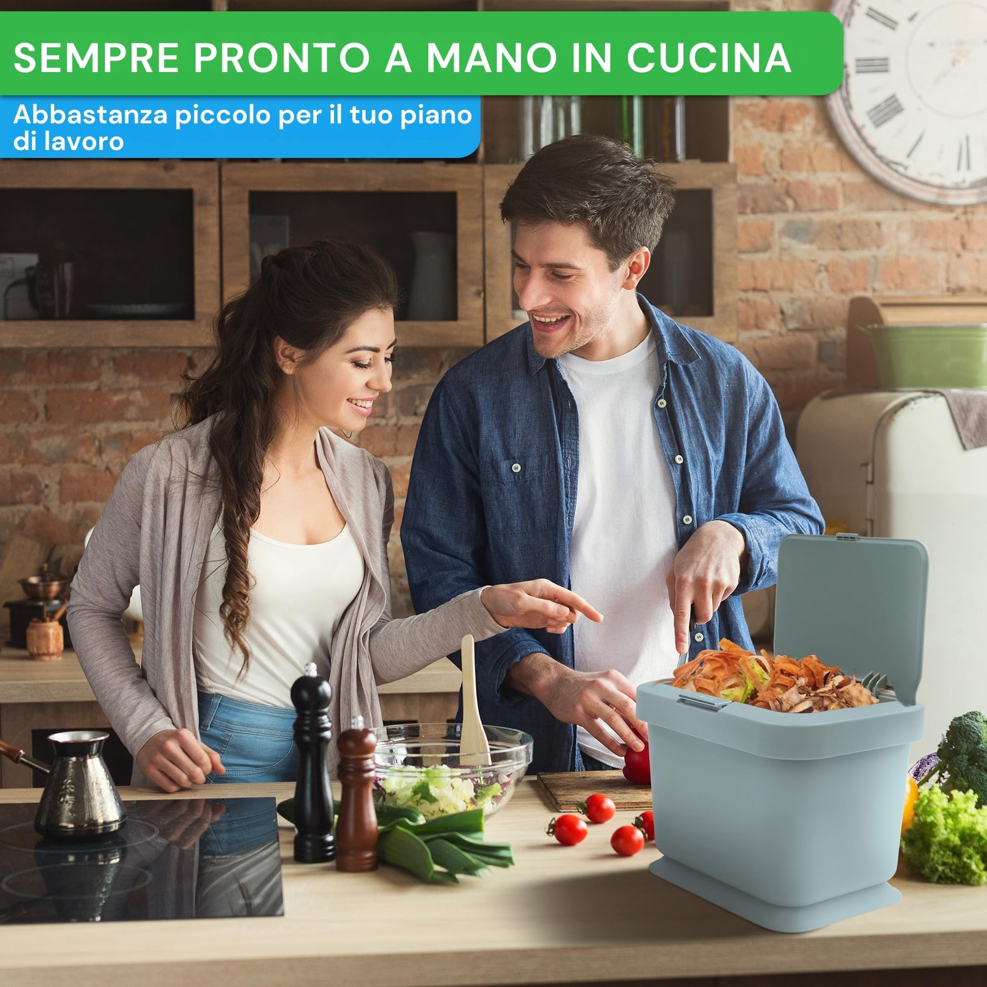 YourCasa - Pattumiera biometrica da cucina, 5 l, coperchio con meccanismo a pressione pulsante, secchio per compost per tutti i giorni, contenitore per rifiuti biologici, inodore, per piccoli